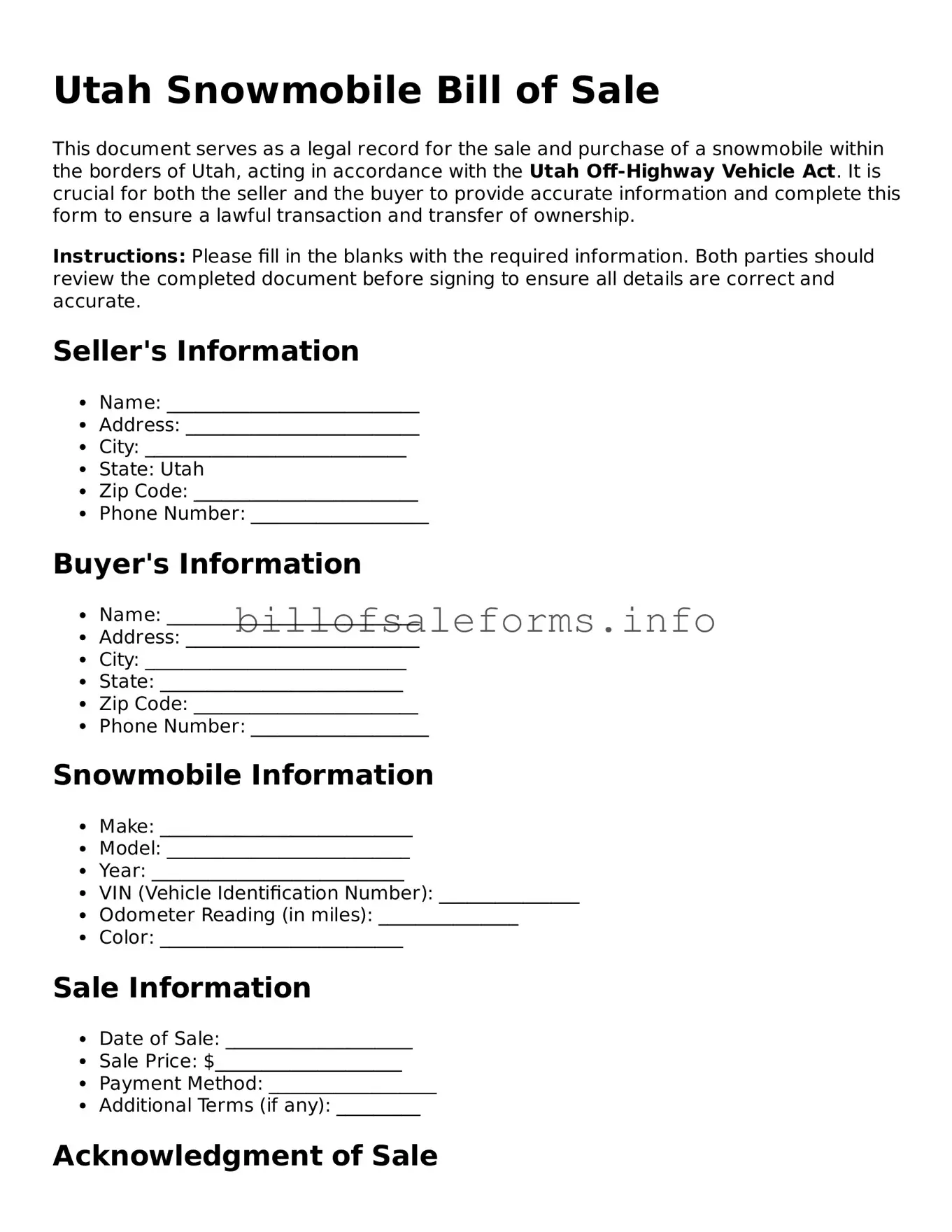 Legal Snowmobile Bill of Sale Form for Utah State