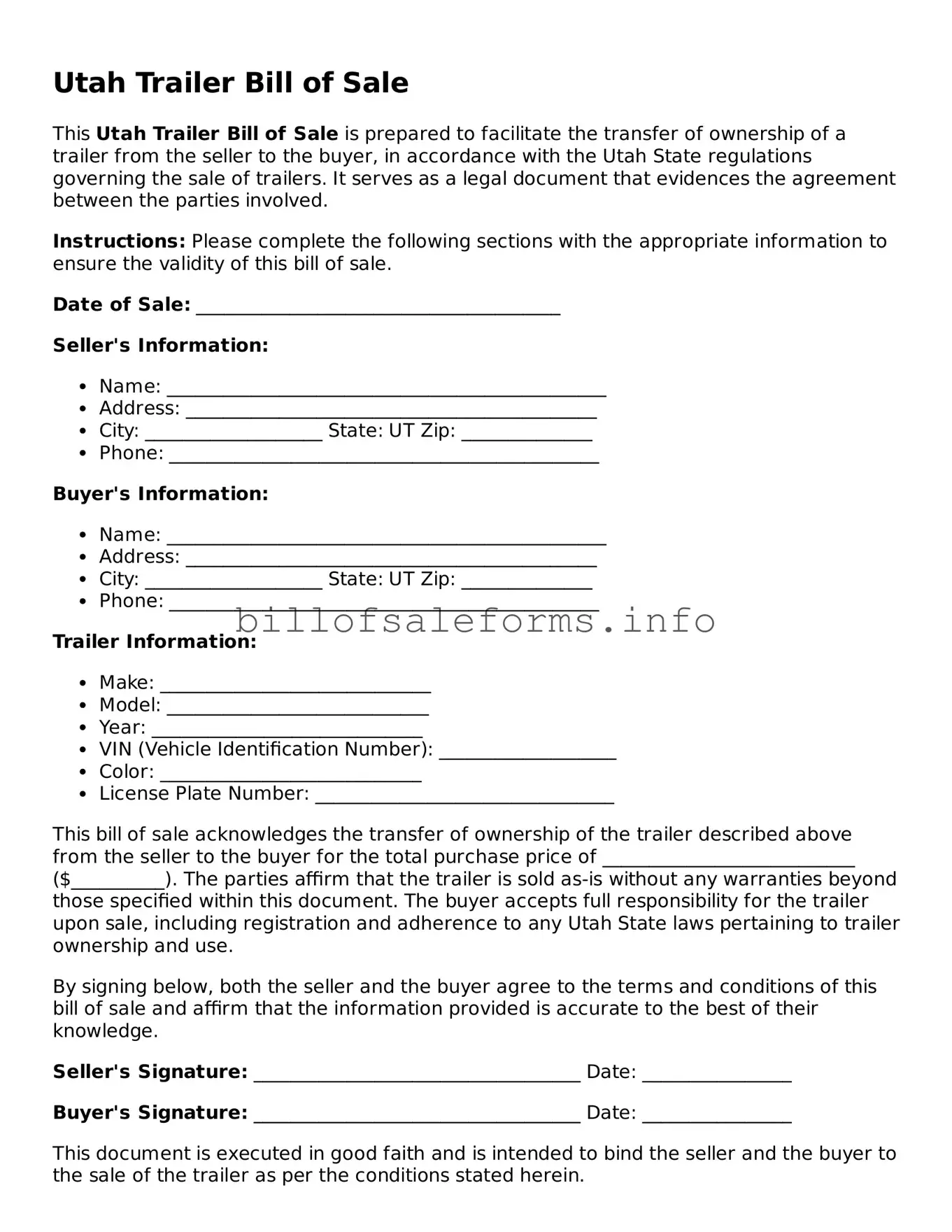 Legal Trailer Bill of Sale Form for Utah State