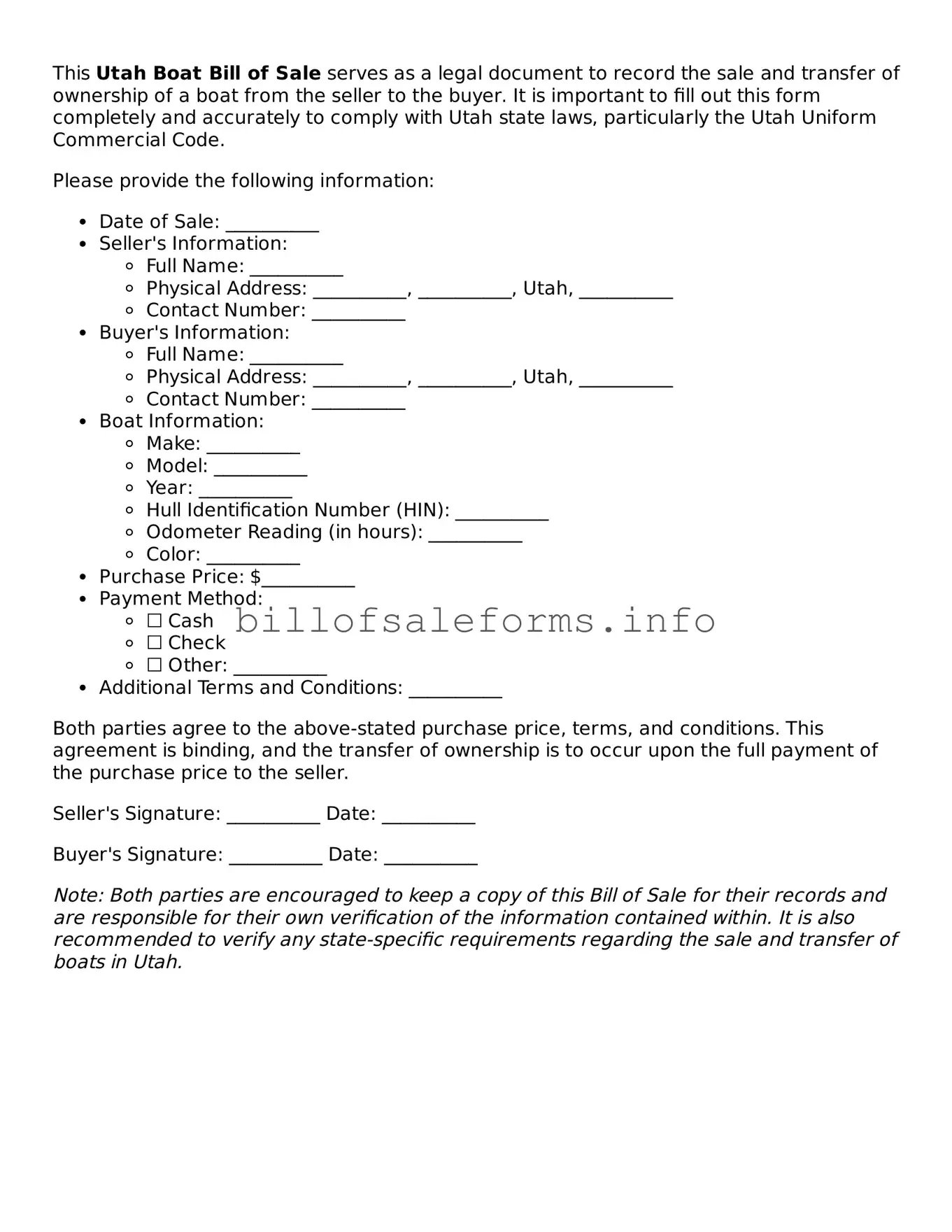 Legal Boat Bill of Sale Form for Utah State