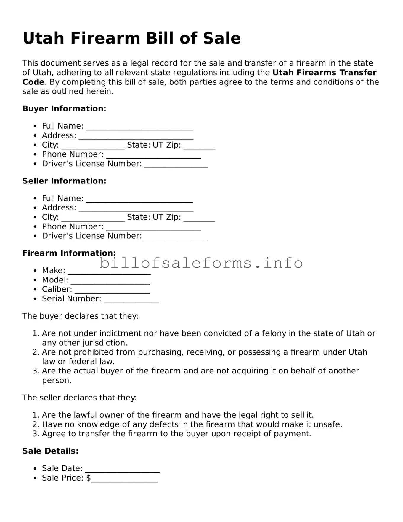 Legal Firearm Bill of Sale Form for Utah State