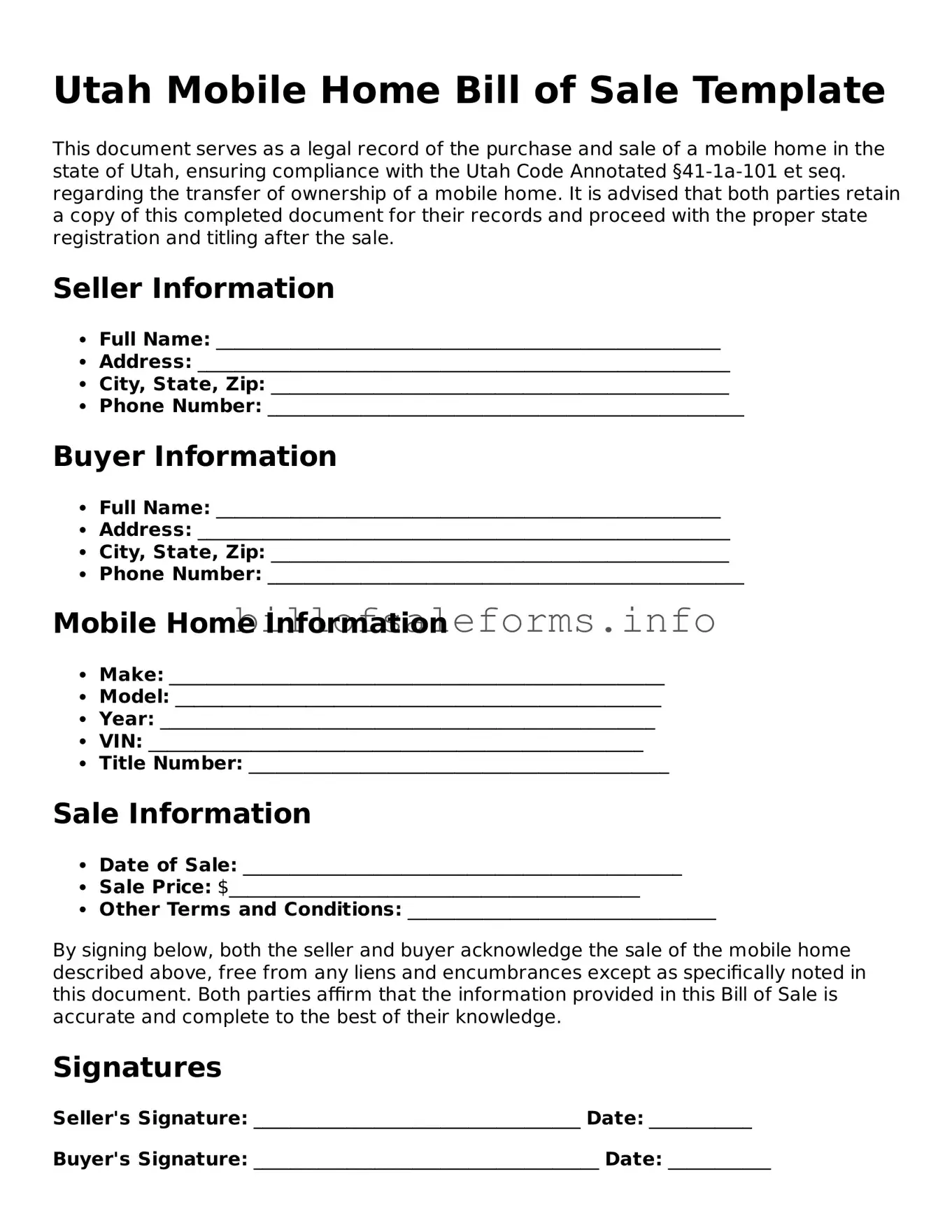 Legal Mobile Home Bill of Sale Form for Utah State