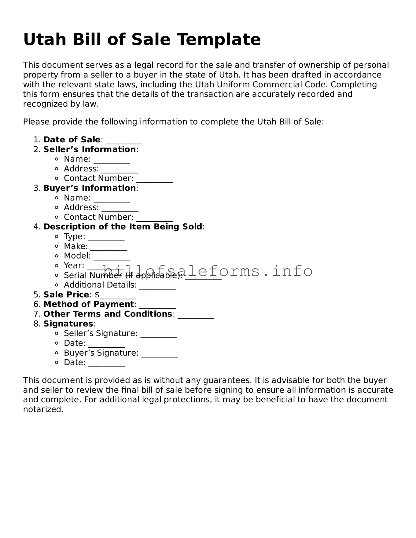 Legal Bill of Sale Form for Utah State