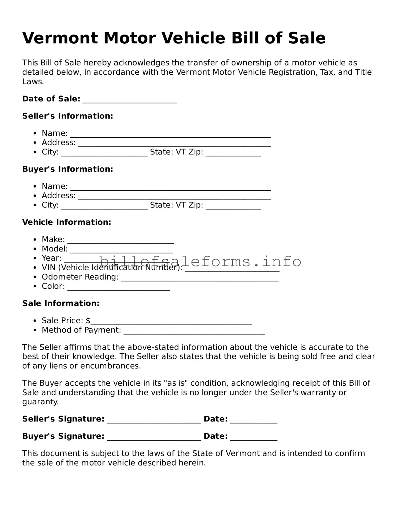 Legal Motor Vehicle Bill of Sale Form for Vermont State