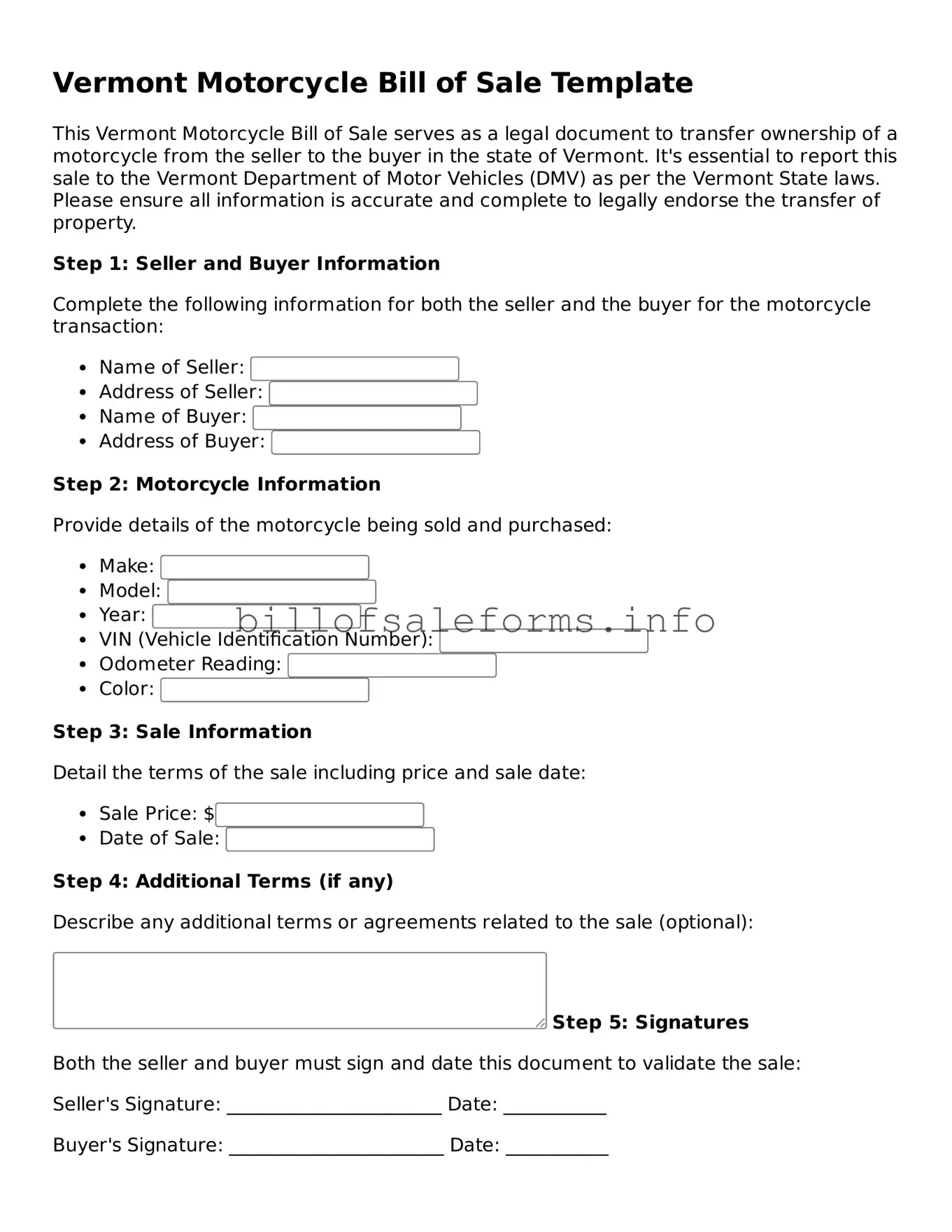 Legal Motorcycle Bill of Sale Form for Vermont State
