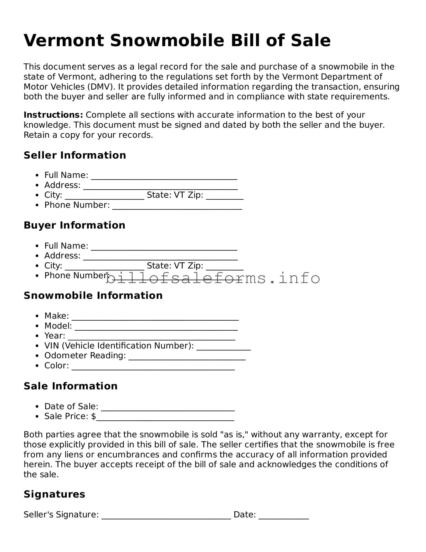 Legal Snowmobile Bill of Sale Form for Vermont State