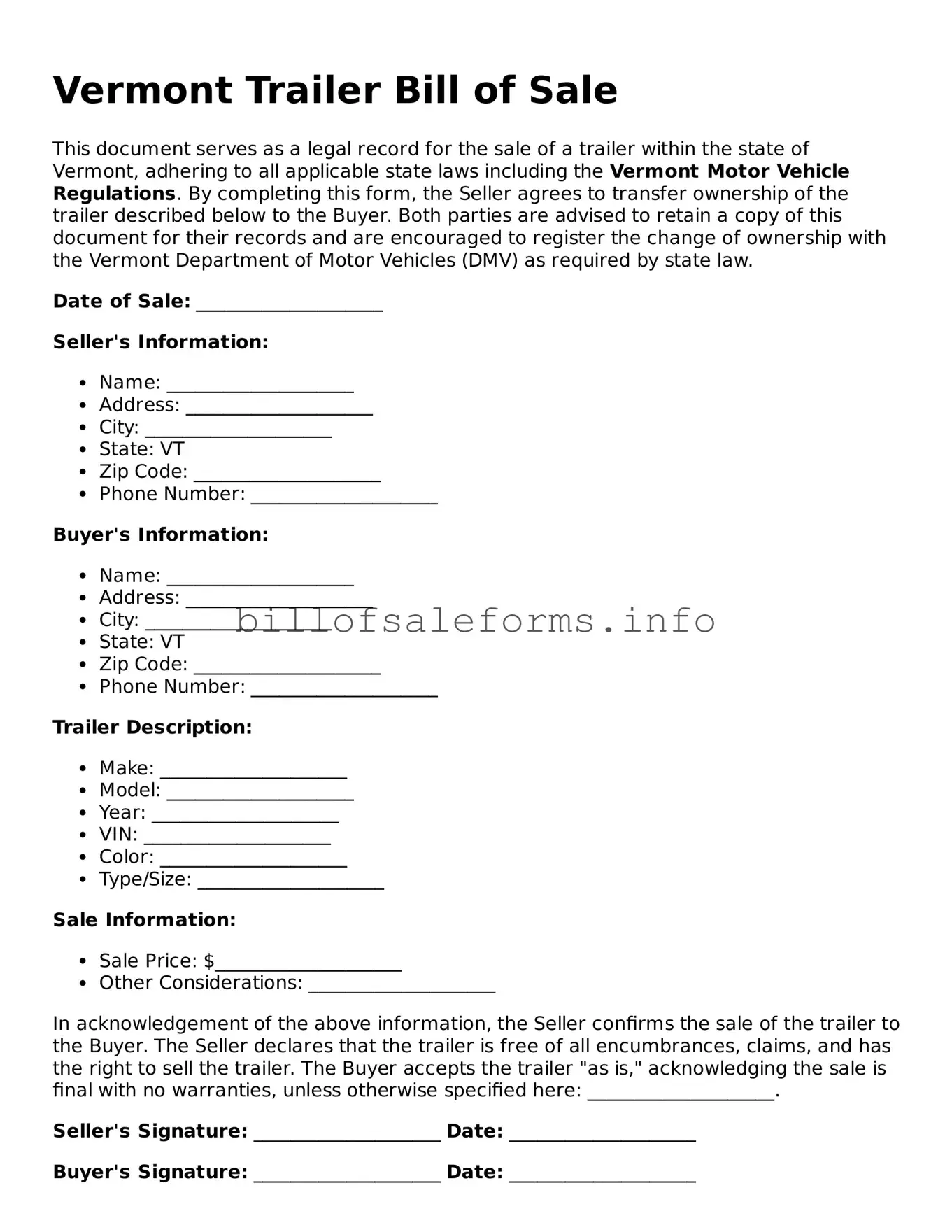 Legal Trailer Bill of Sale Form for Vermont State