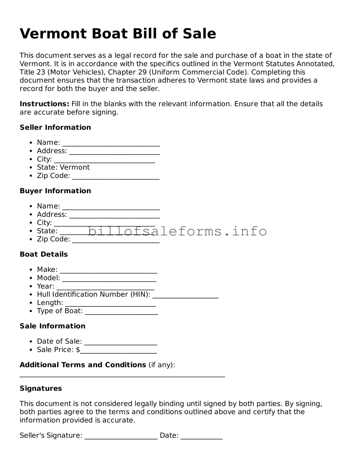 Legal Boat Bill of Sale Form for Vermont State