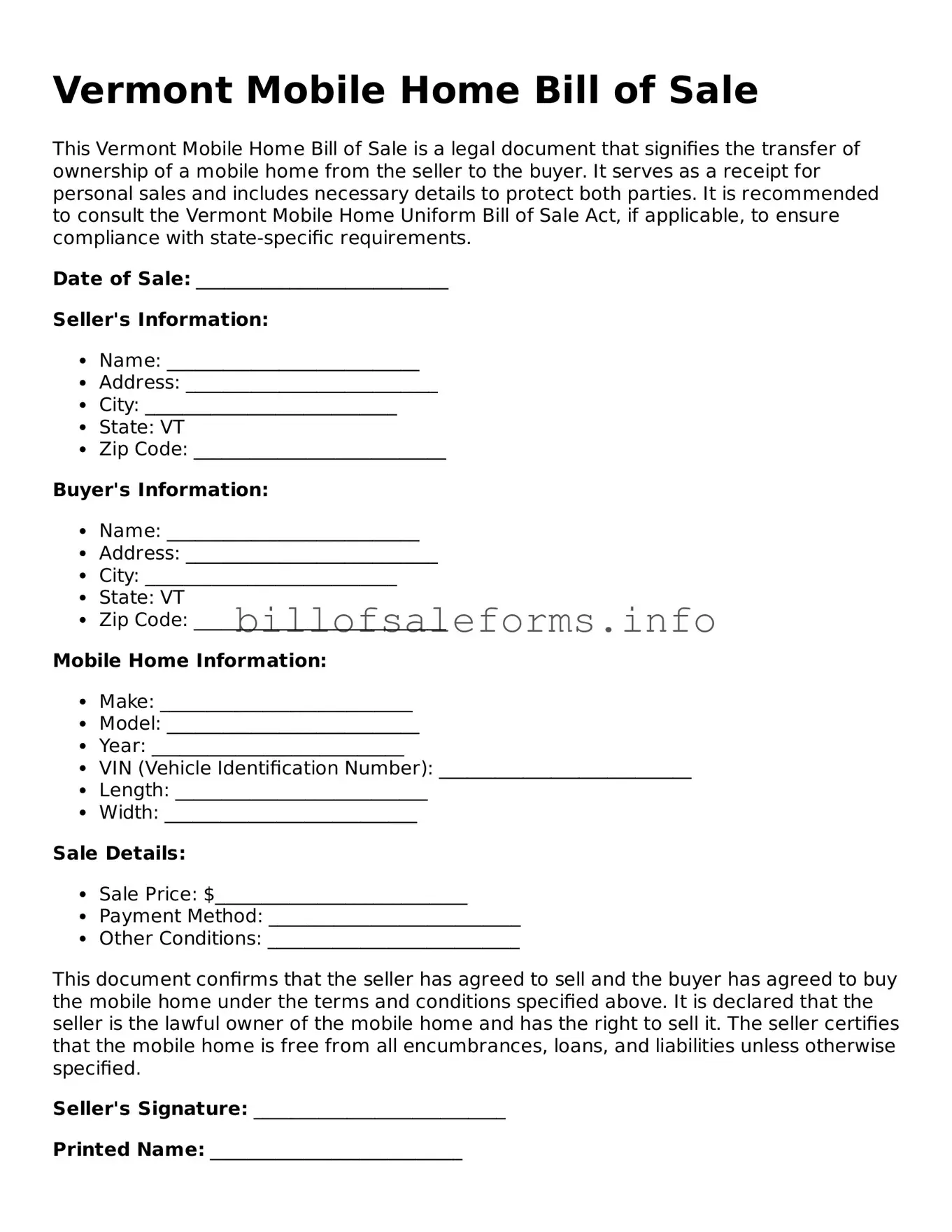 Legal Mobile Home Bill of Sale Form for Vermont State