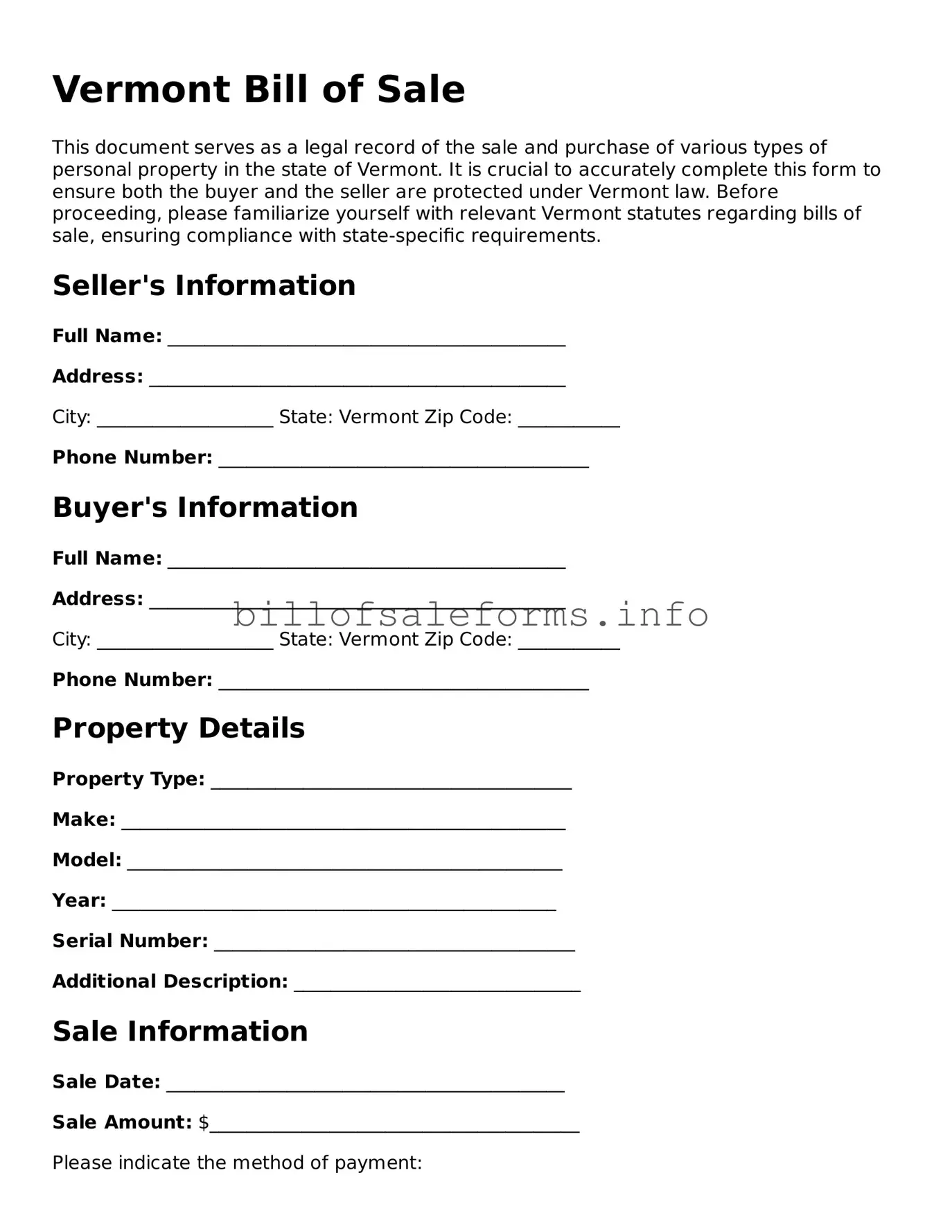 Legal Bill of Sale Form for Vermont State