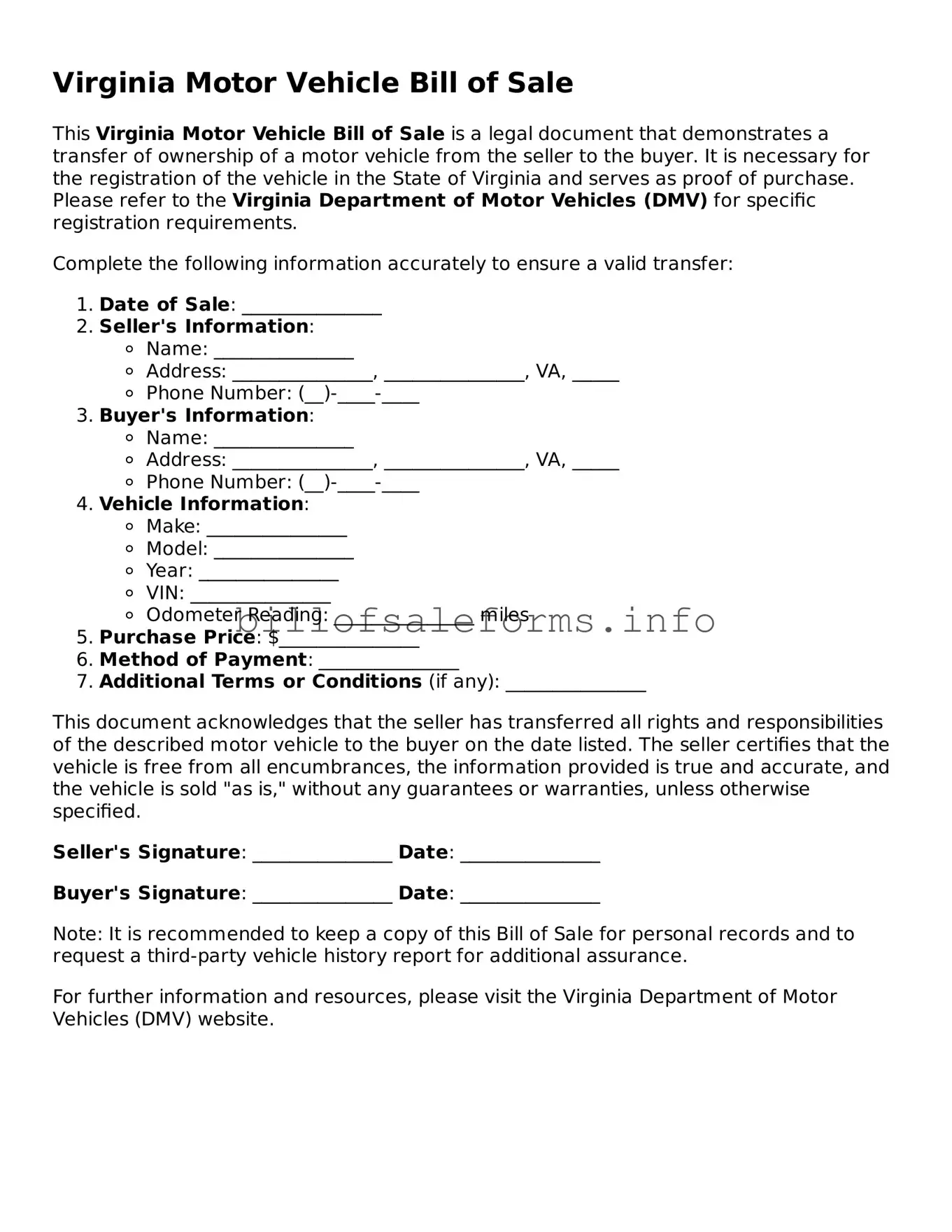 Legal Motor Vehicle Bill of Sale Form for Virginia State
