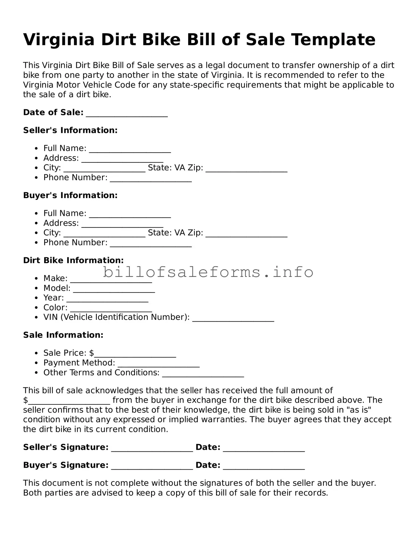 Legal Dirt Bike Bill of Sale Form for Virginia State