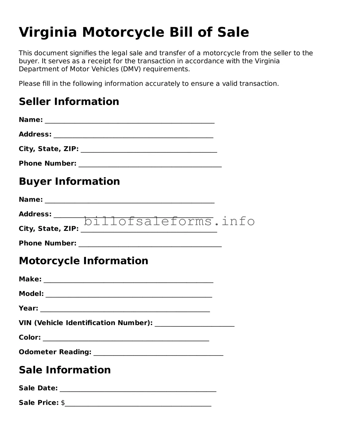 Legal Motorcycle Bill of Sale Form for Virginia State