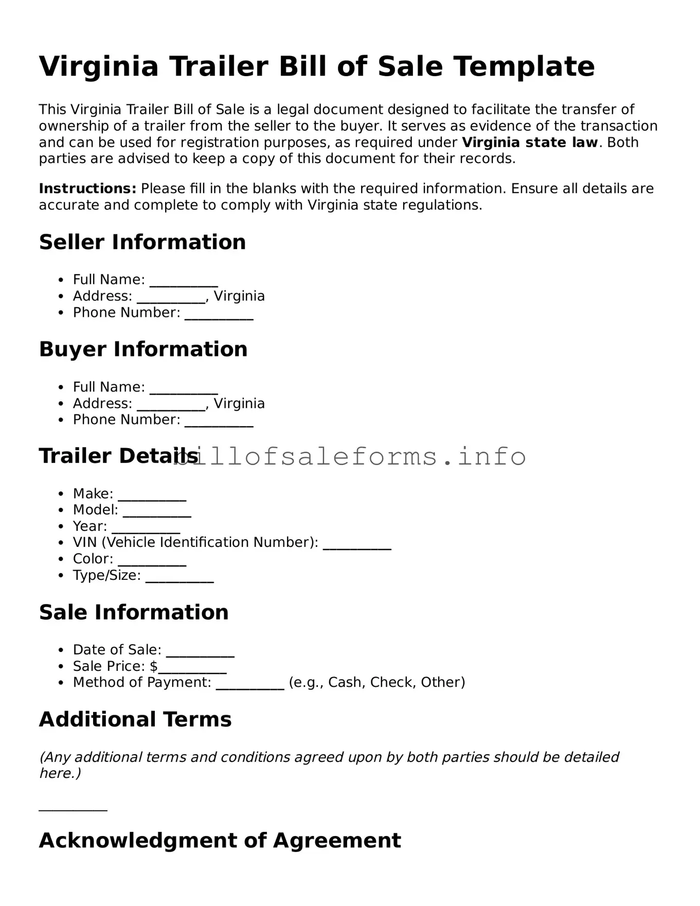 Legal Trailer Bill of Sale Form for Virginia State
