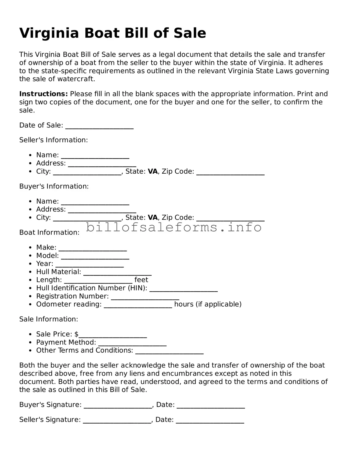 Legal Boat Bill of Sale Form for Virginia State