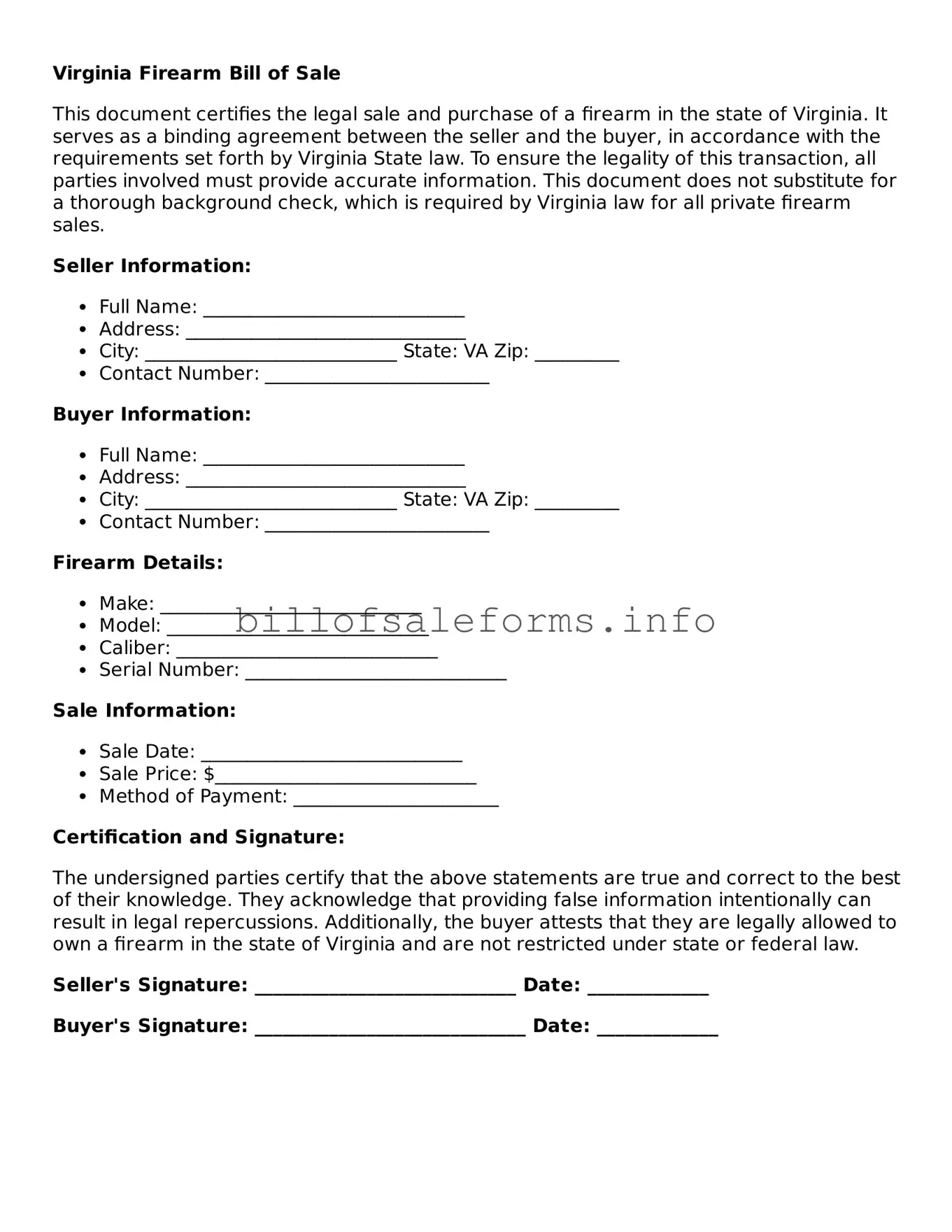 Legal Firearm Bill of Sale Form for Virginia State