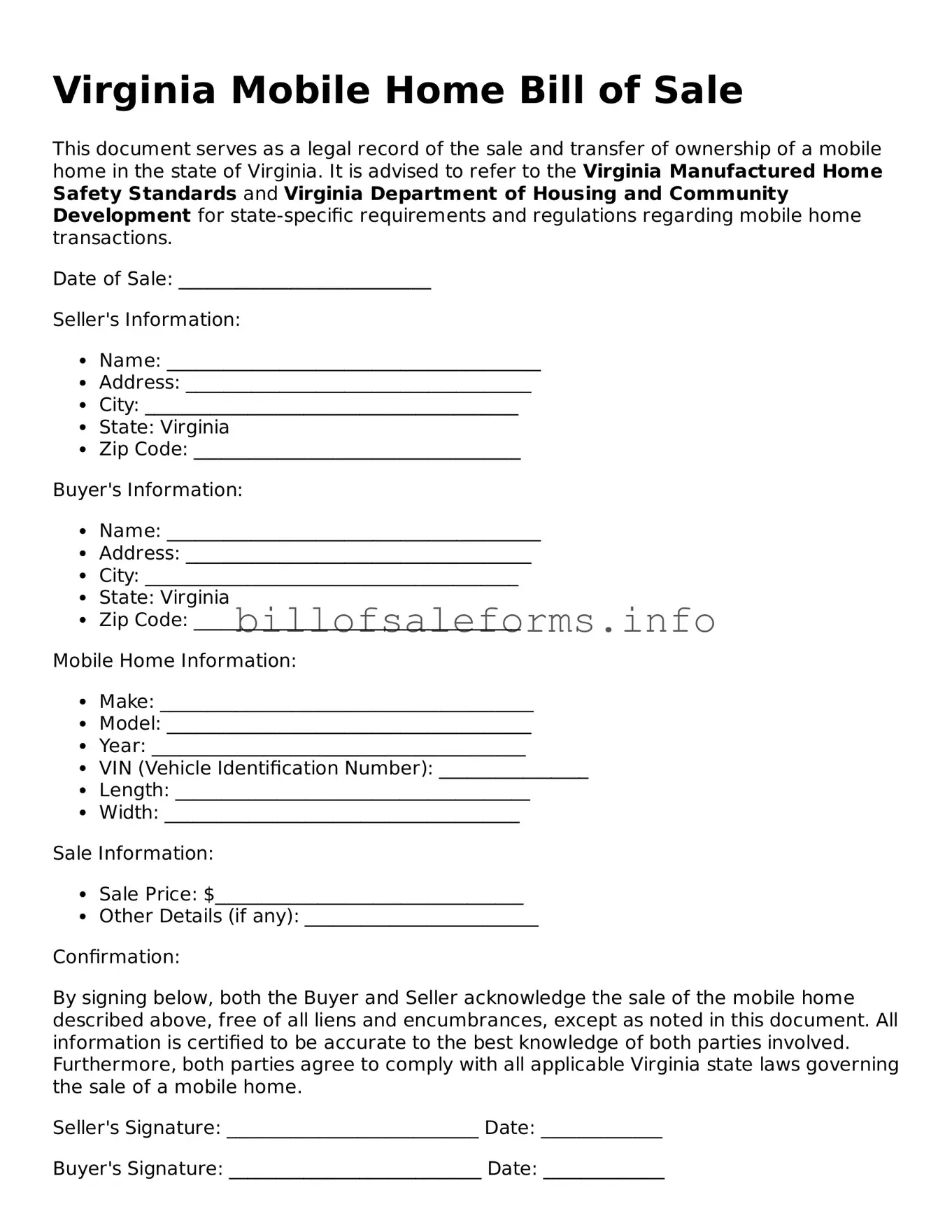 Legal Mobile Home Bill of Sale Form for Virginia State