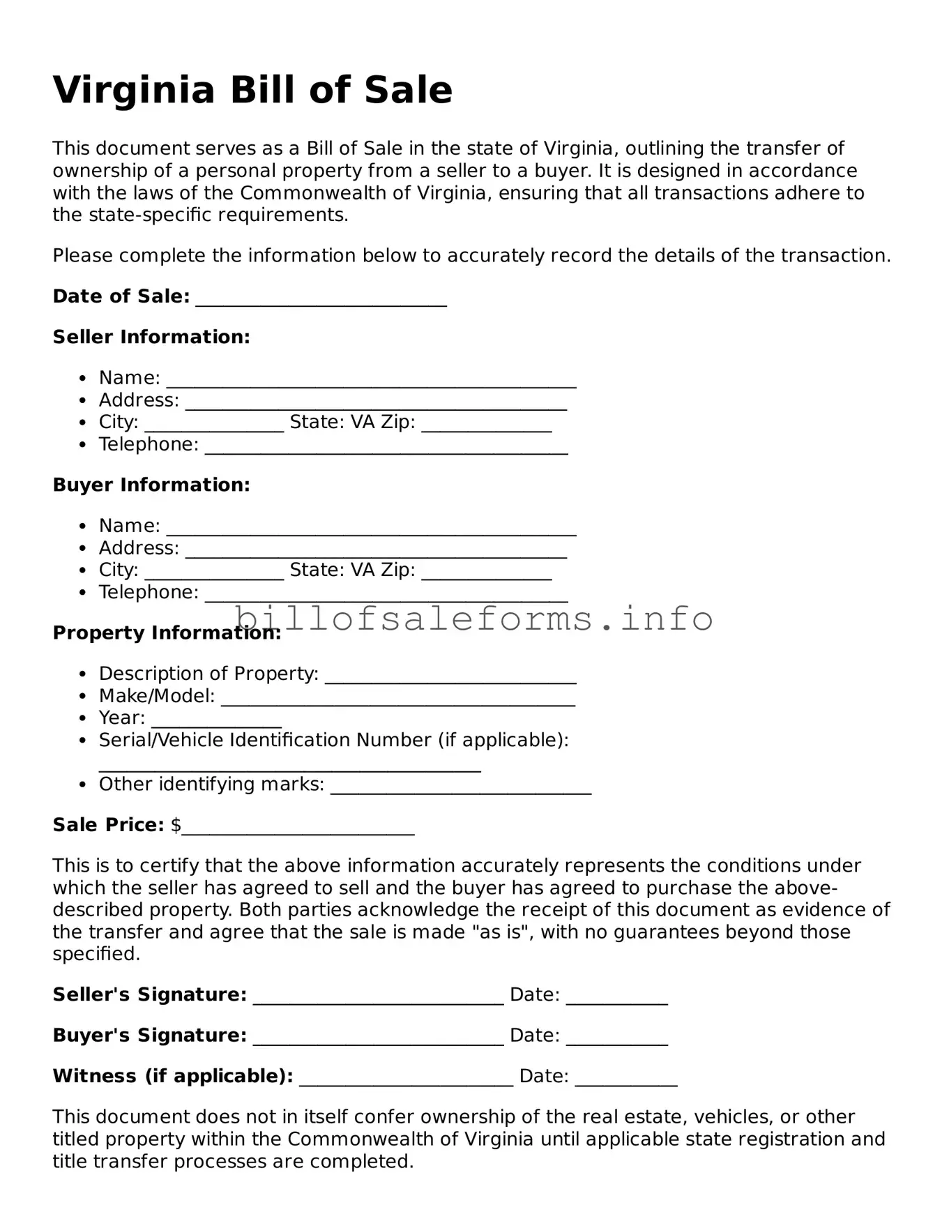 Legal Bill of Sale Form for Virginia State