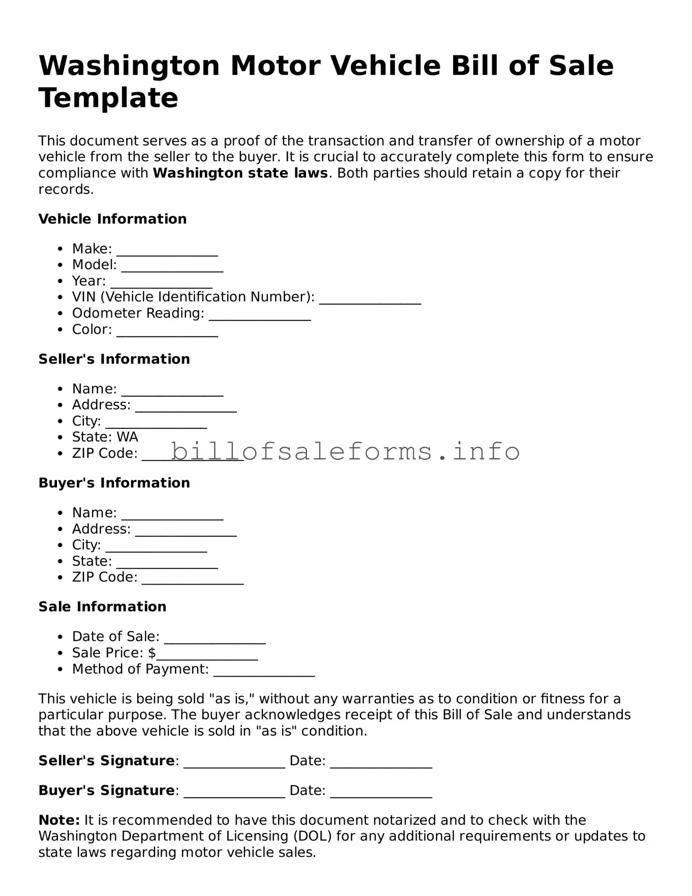 Legal Motor Vehicle Bill of Sale Form for Washington State