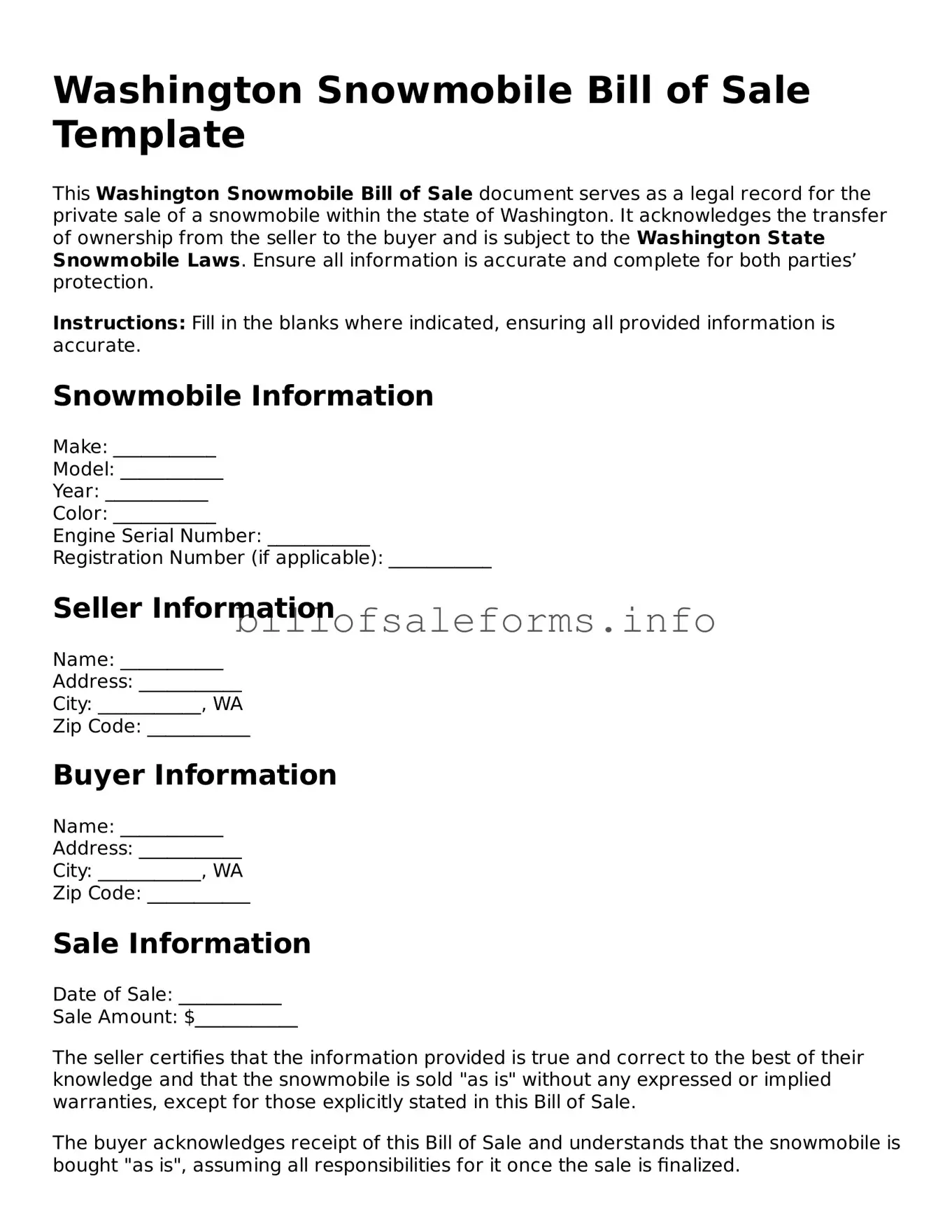 Legal Snowmobile Bill of Sale Form for Washington State
