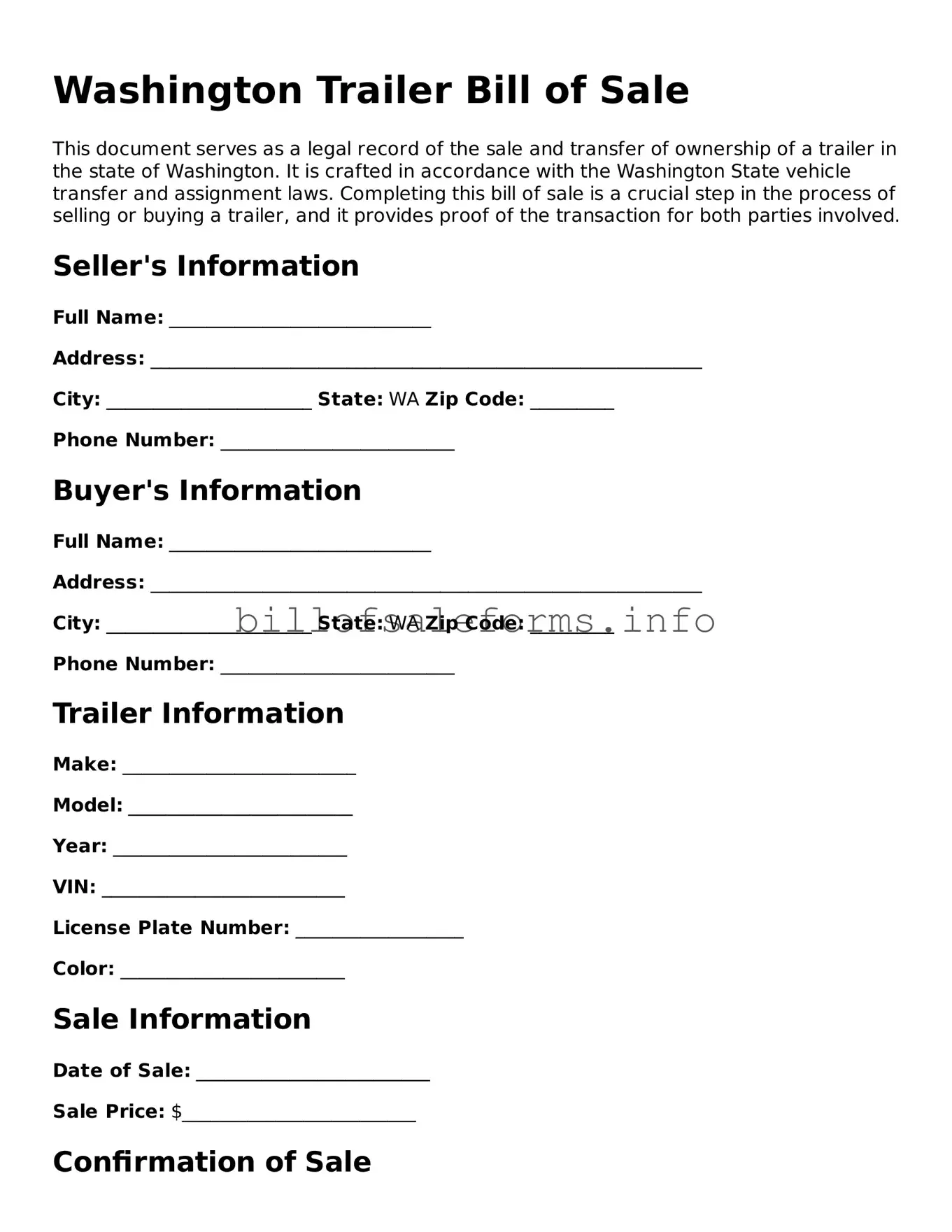 Legal Trailer Bill of Sale Form for Washington State