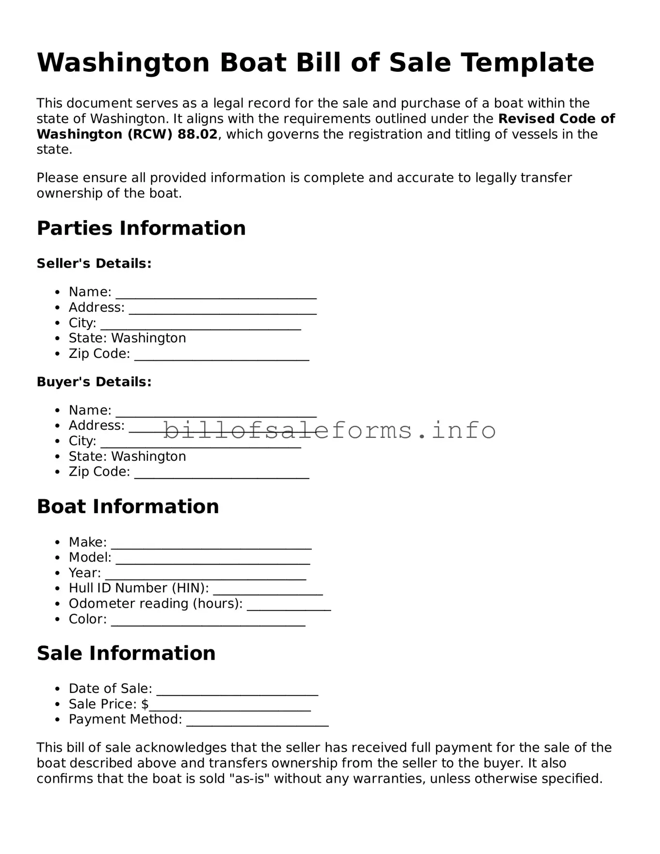 Legal Boat Bill of Sale Form for Washington State