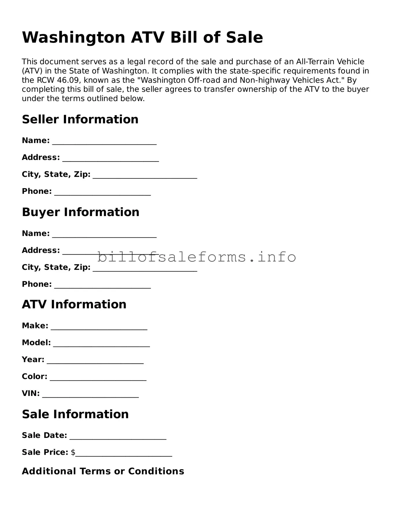 Legal ATV Bill of Sale Form for Washington State