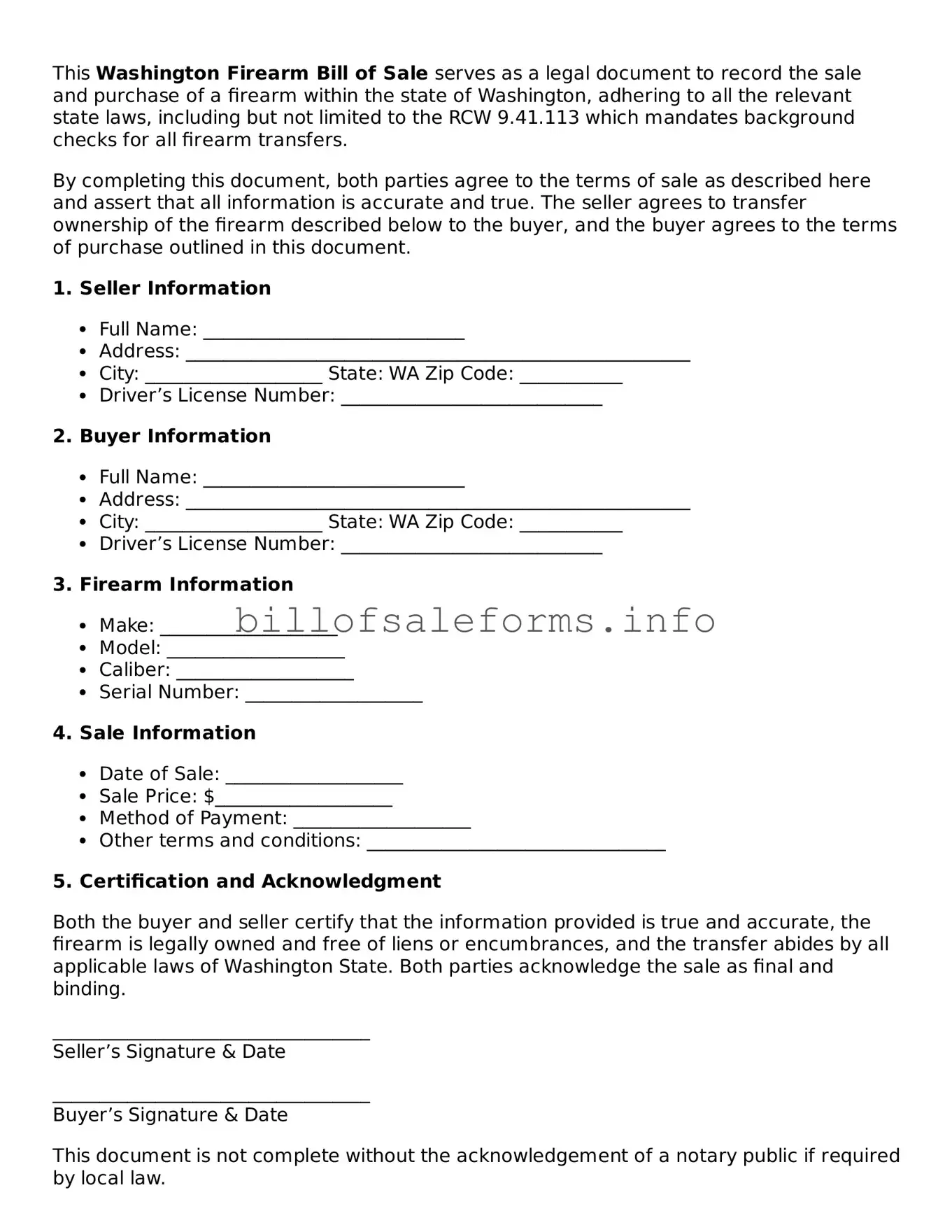 Legal Firearm Bill of Sale Form for Washington State