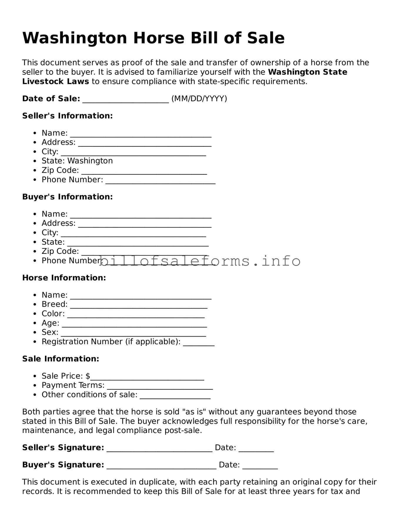 Legal Horse Bill of Sale Form for Washington State