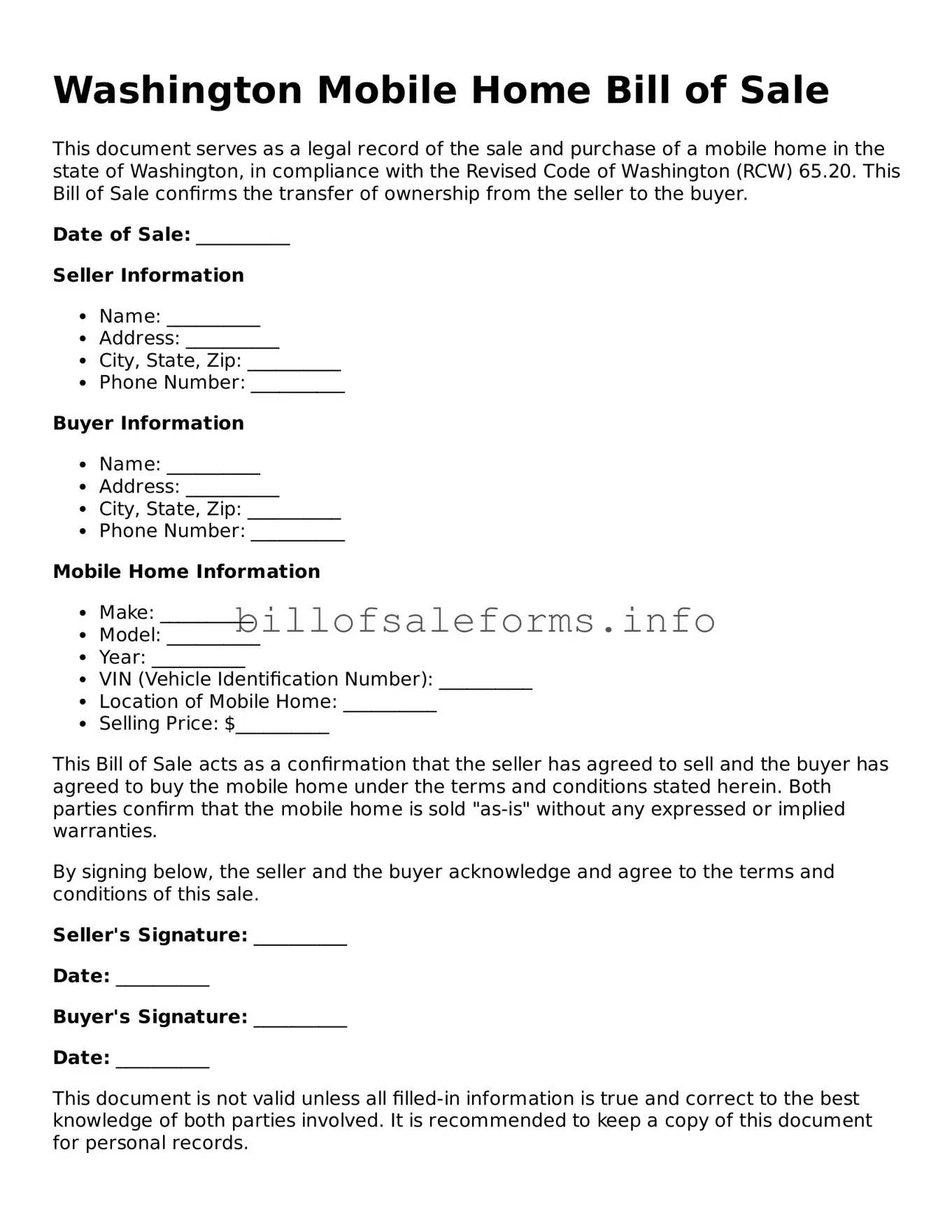 Legal Mobile Home Bill of Sale Form for Washington State