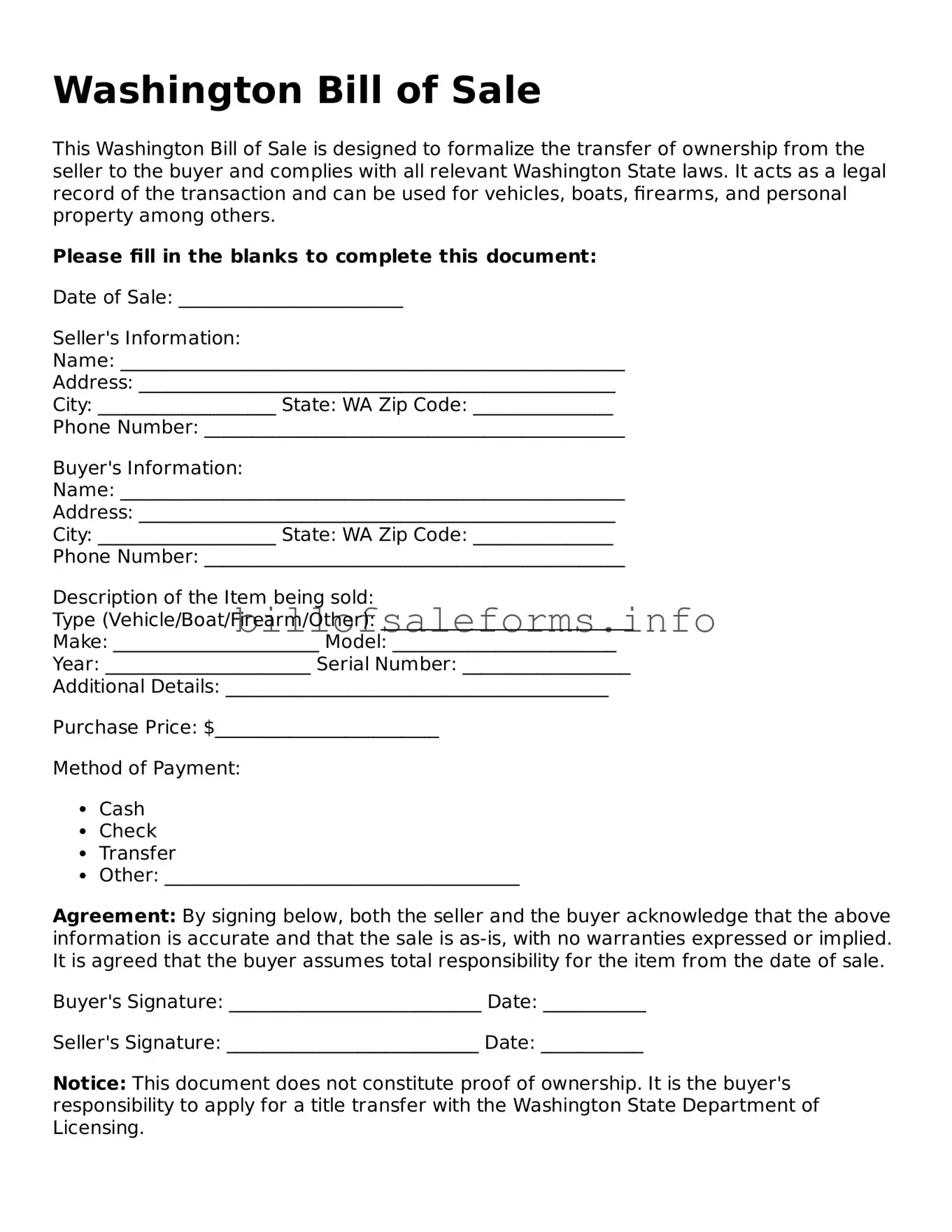 Legal Bill of Sale Form for Washington State