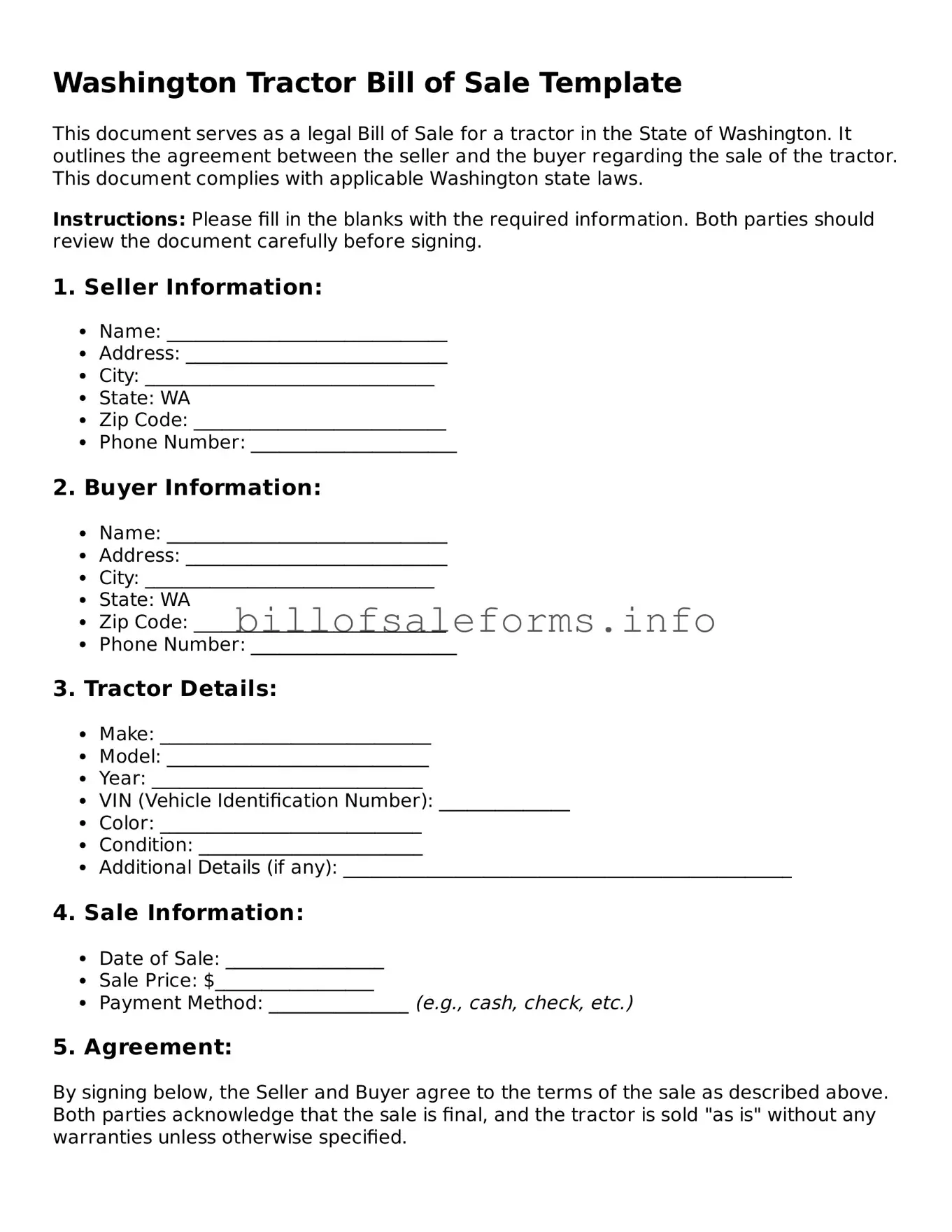 Legal Tractor Bill of Sale Form for Washington State