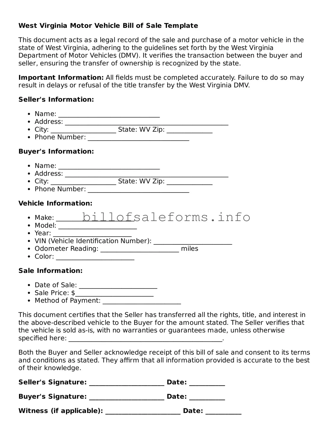 Legal Motor Vehicle Bill of Sale Form for West Virginia State