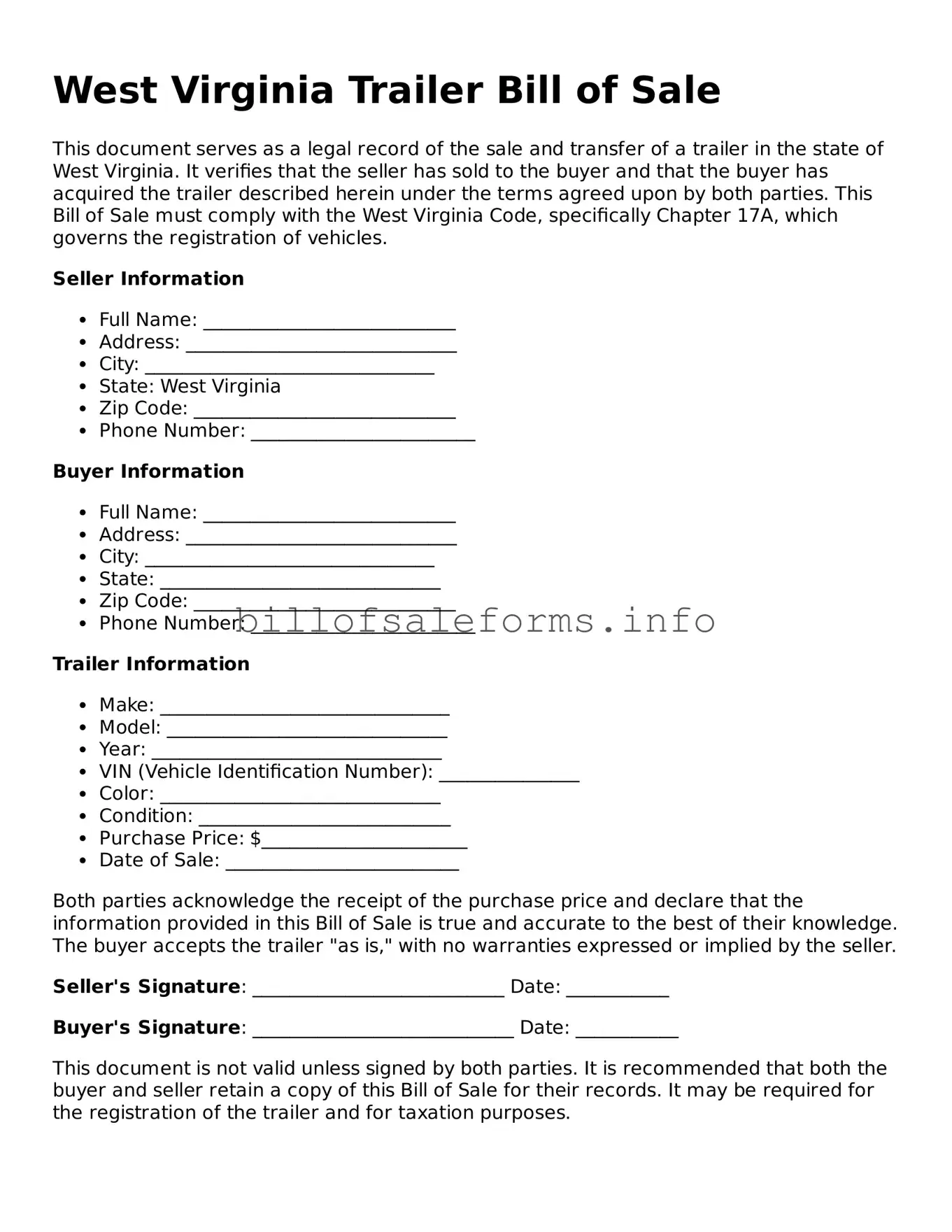 Legal Trailer Bill of Sale Form for West Virginia State