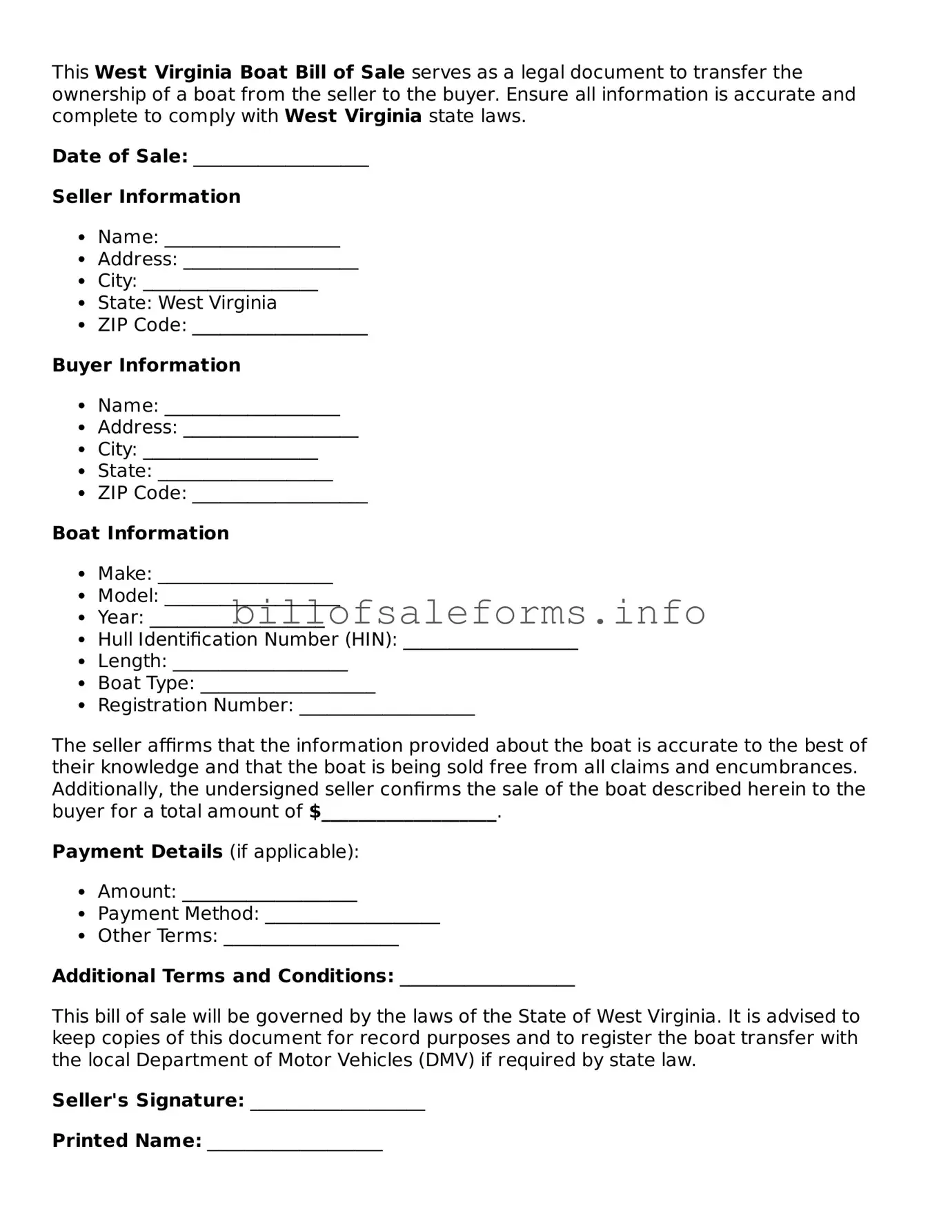 Legal Boat Bill of Sale Form for West Virginia State