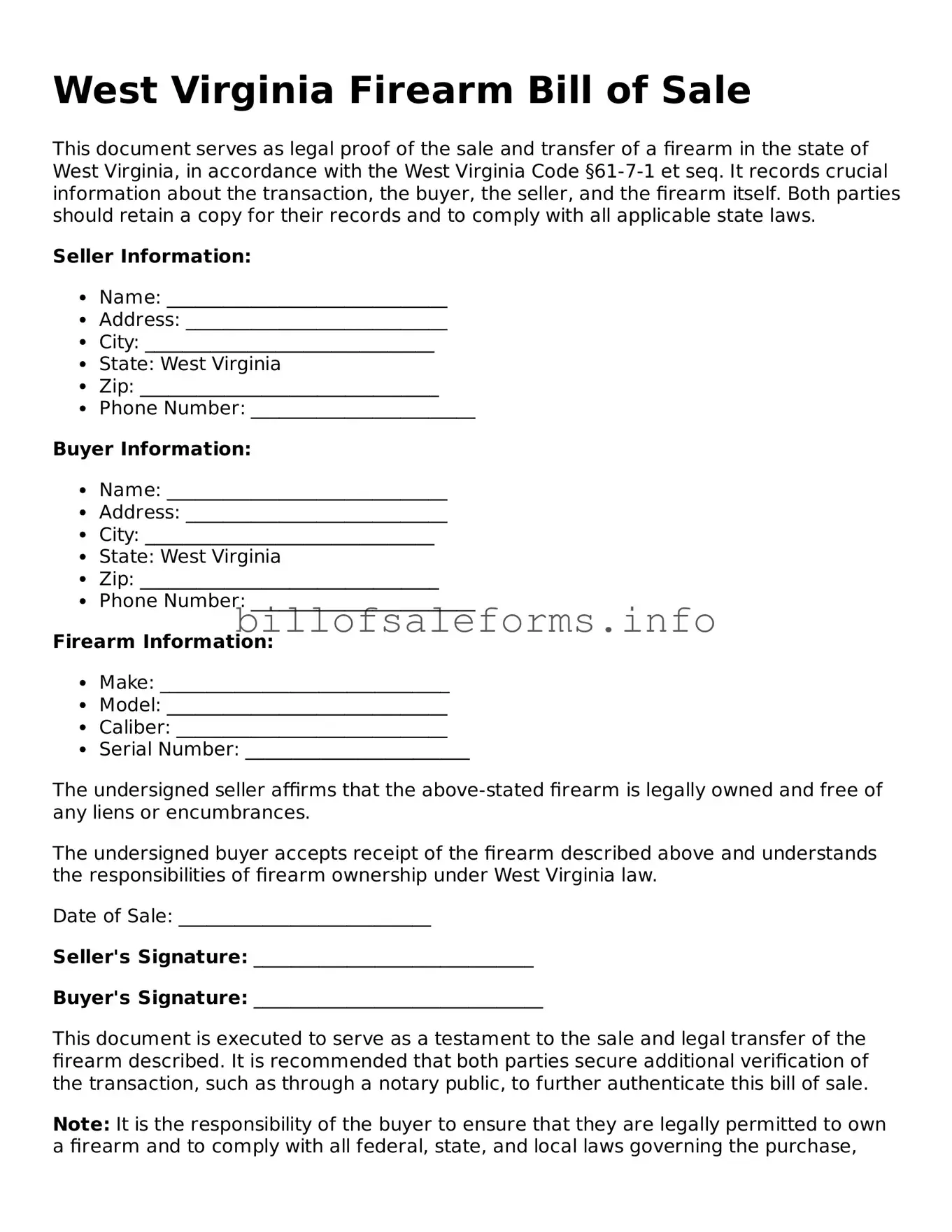 Legal Firearm Bill of Sale Form for West Virginia State
