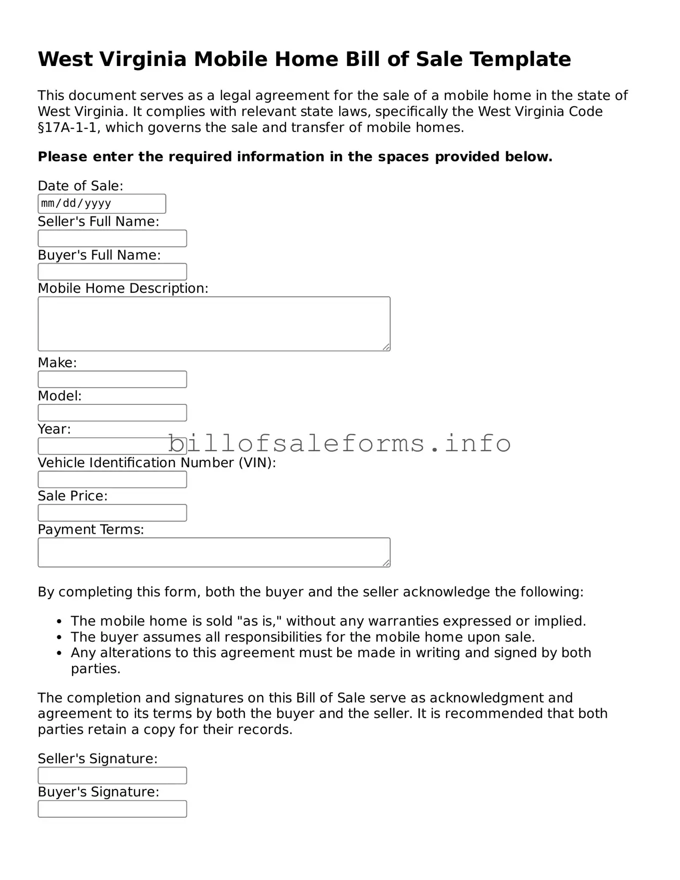 Legal Mobile Home Bill of Sale Form for West Virginia State