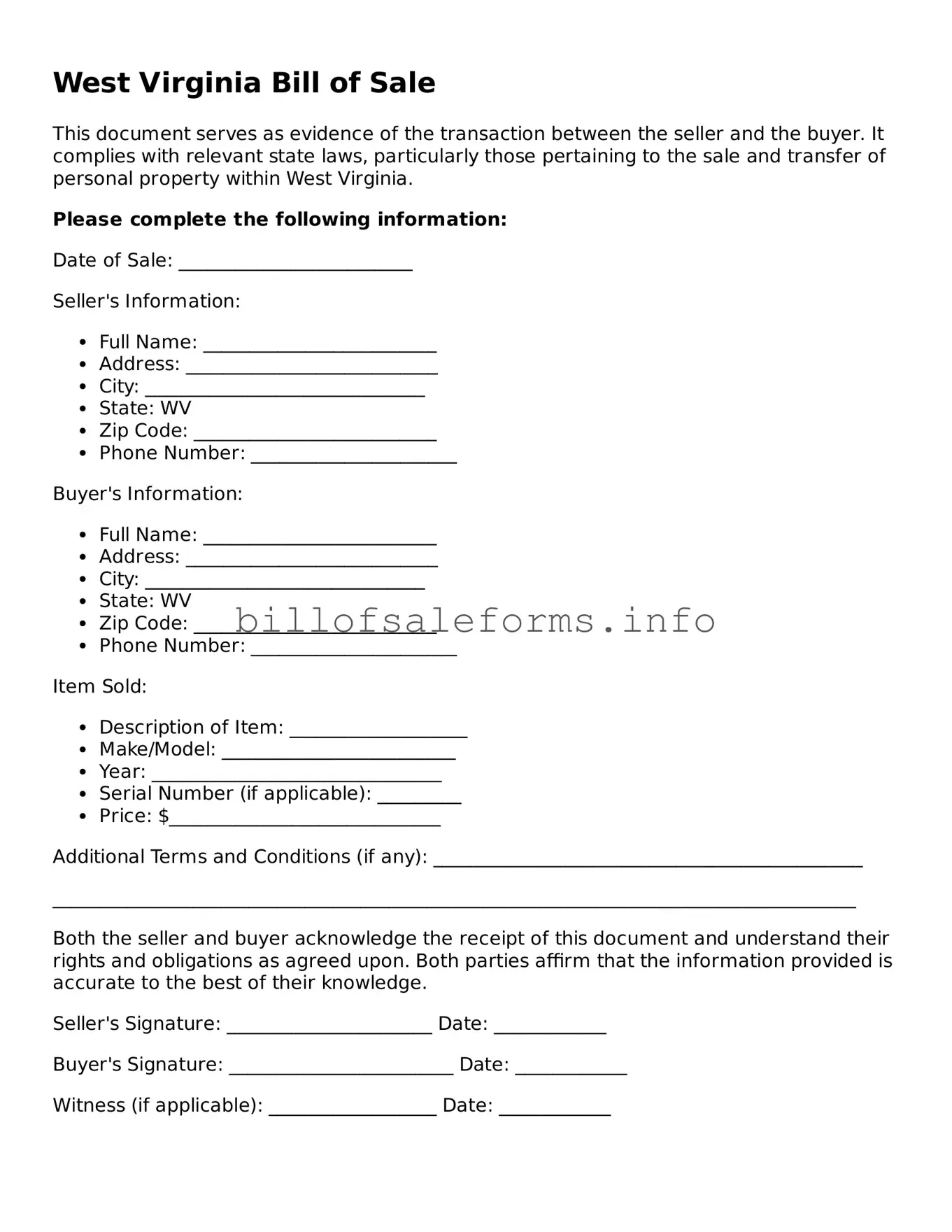 Legal Bill of Sale Form for West Virginia State