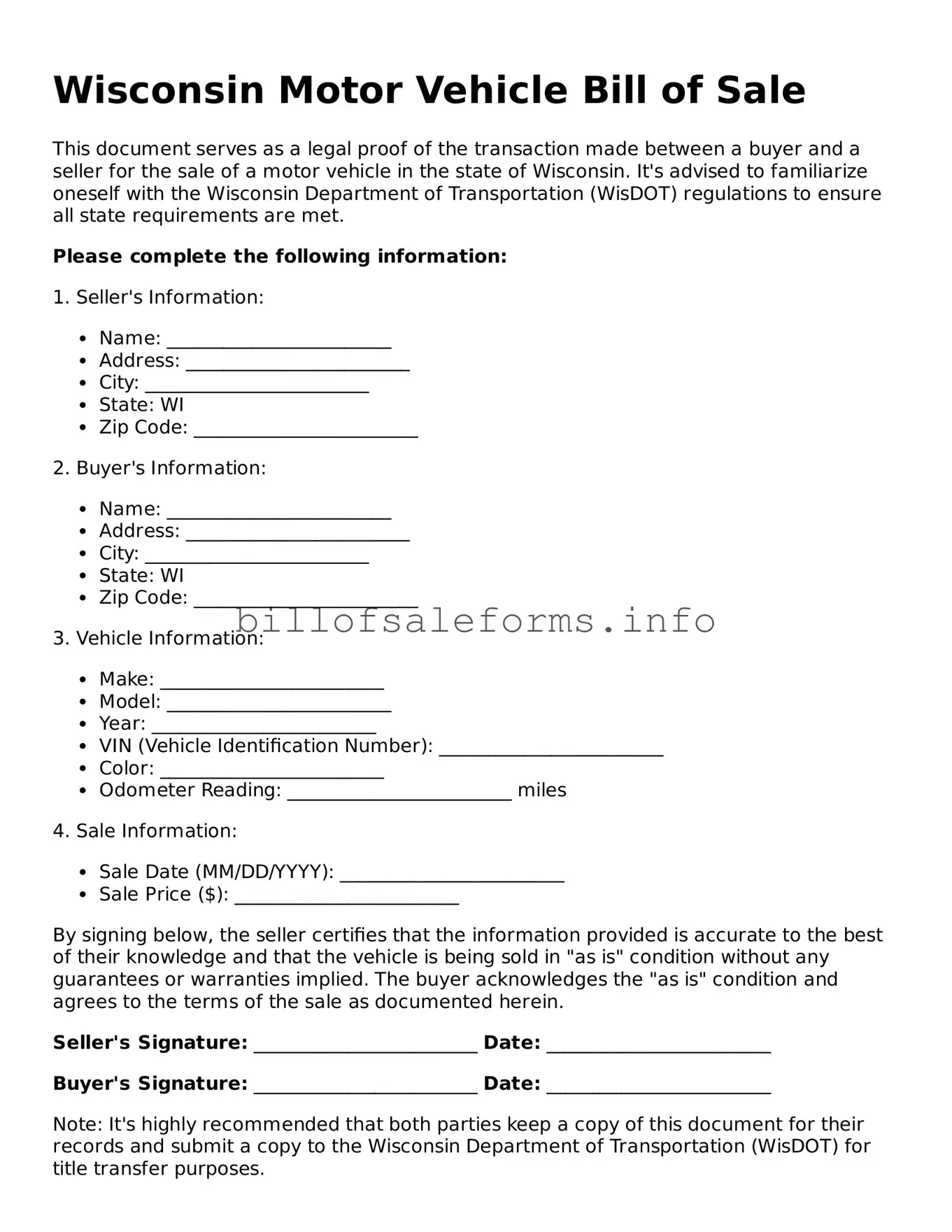 Legal Motor Vehicle Bill of Sale Form for Wisconsin State