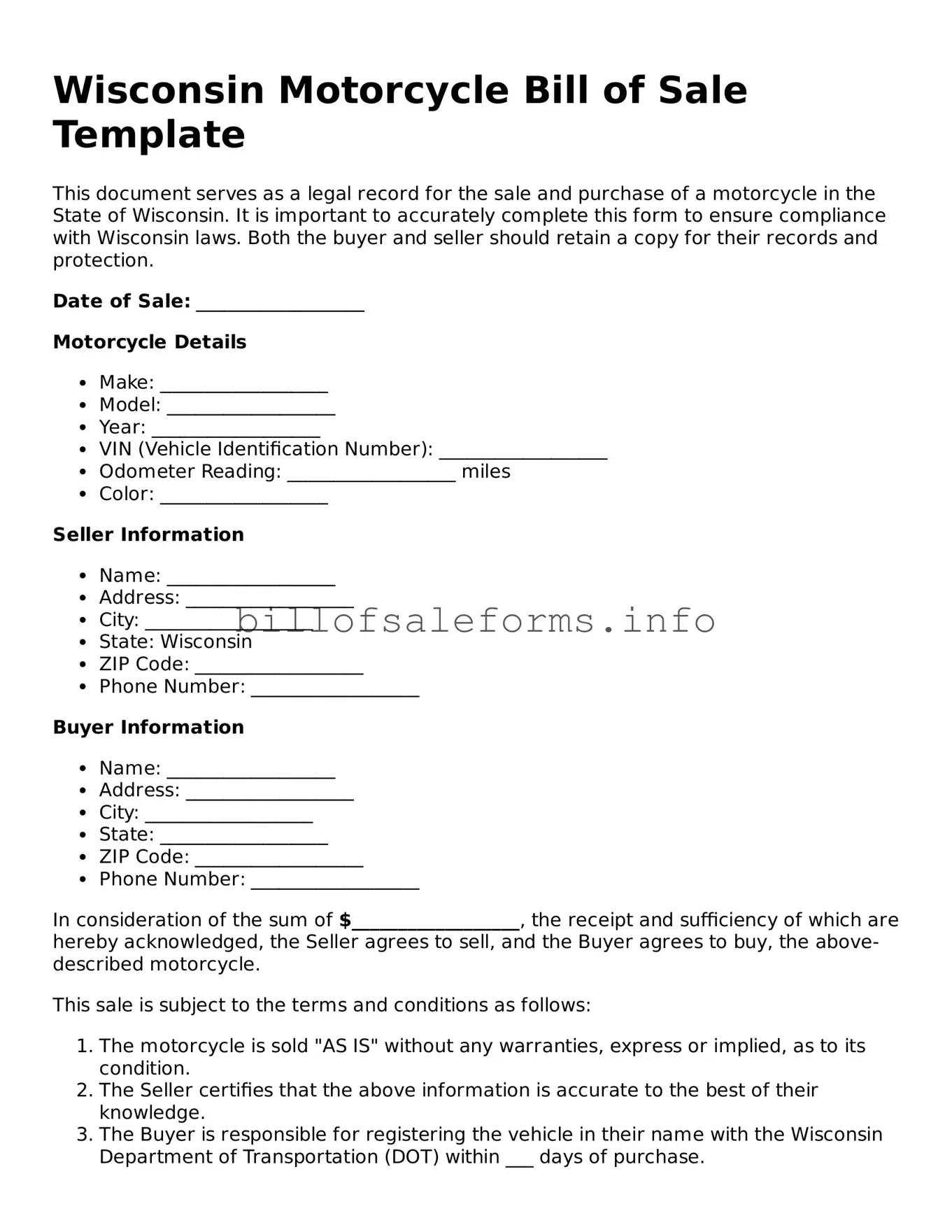 Legal Motorcycle Bill of Sale Form for Wisconsin State