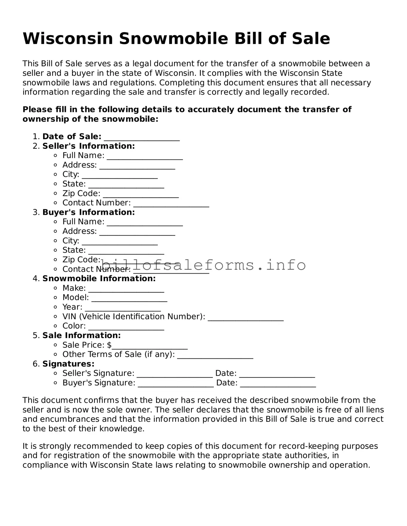 Legal Snowmobile Bill of Sale Form for Wisconsin State