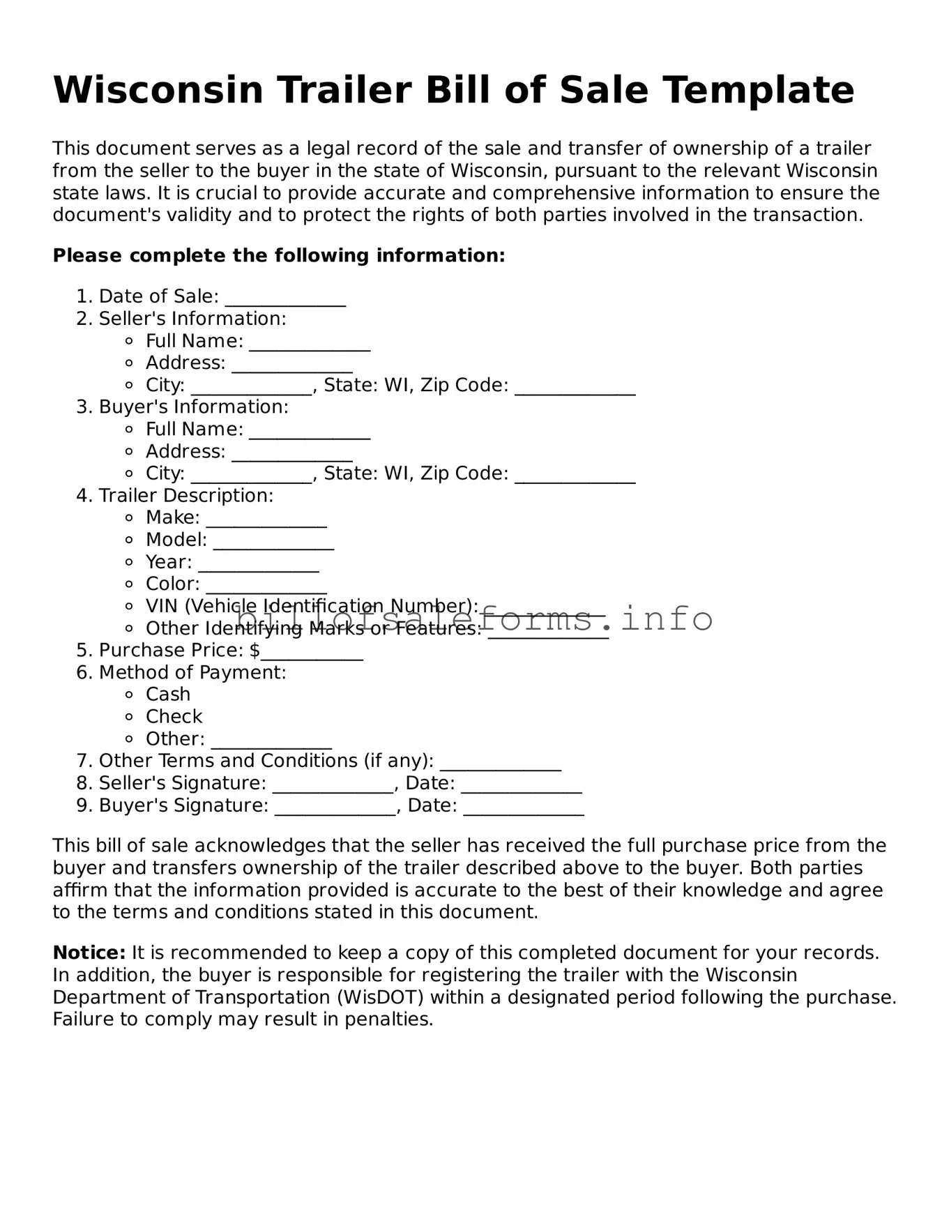 Legal Trailer Bill of Sale Form for Wisconsin State