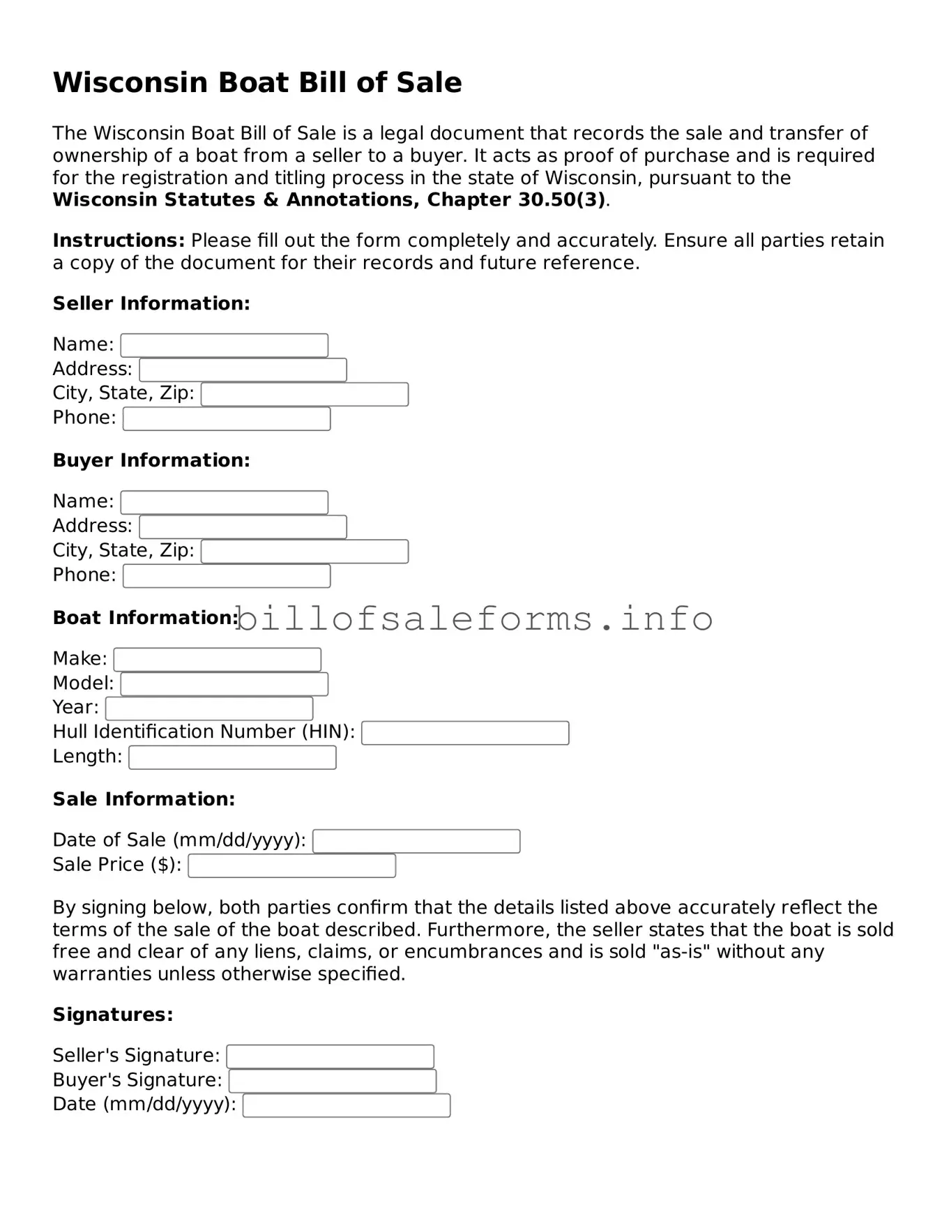 Legal Boat Bill of Sale Form for Wisconsin State
