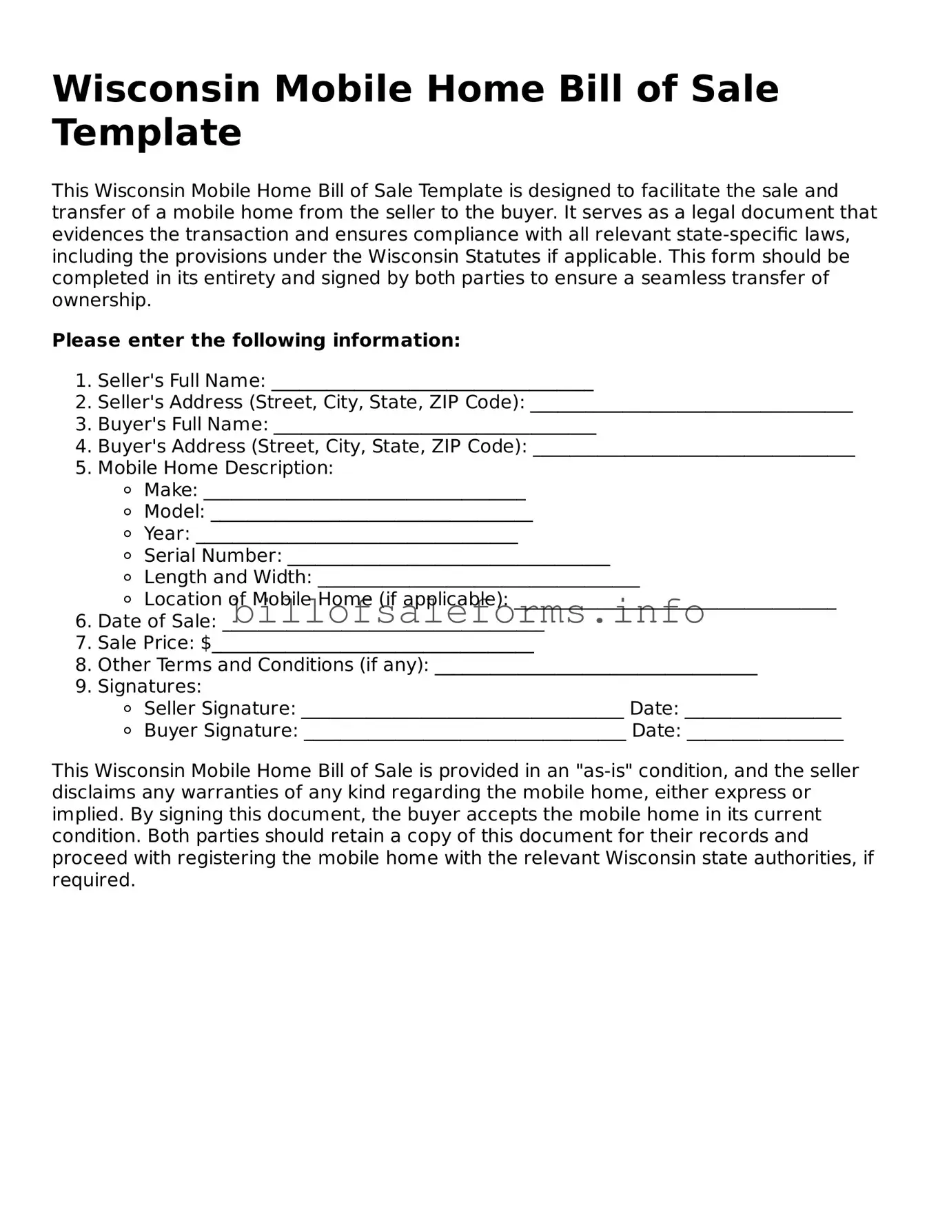 Legal Mobile Home Bill of Sale Form for Wisconsin State