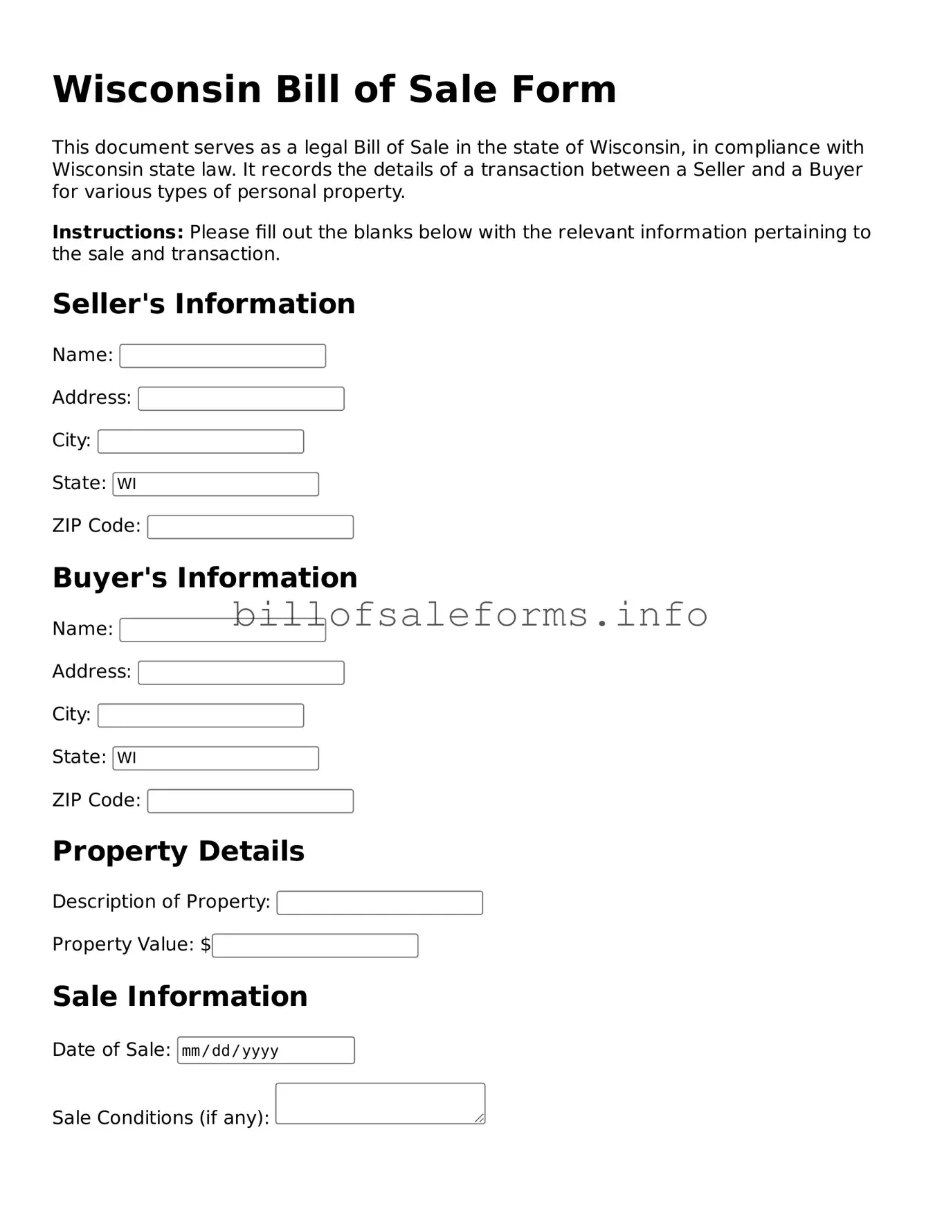 Legal Bill of Sale Form for Wisconsin State