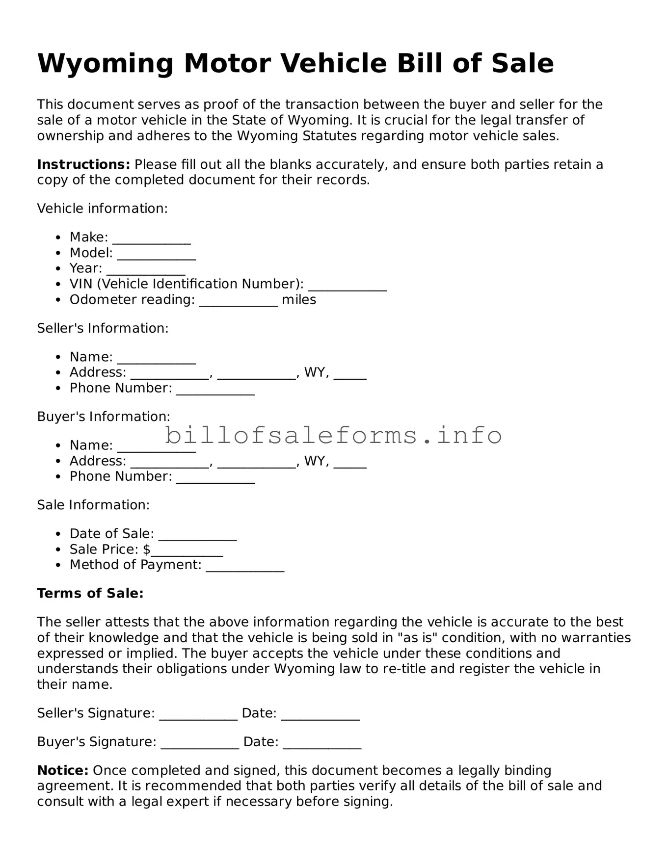 Legal Motor Vehicle Bill of Sale Form for Wyoming State