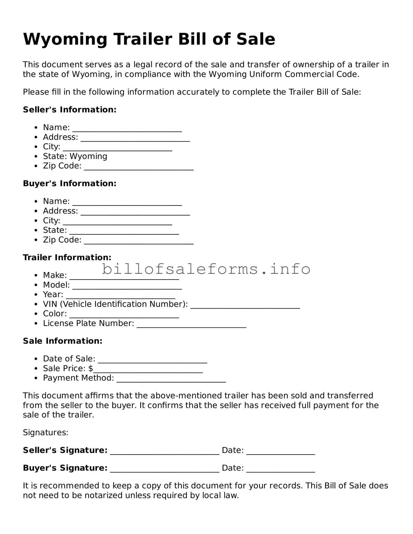 Legal Trailer Bill of Sale Form for Wyoming State