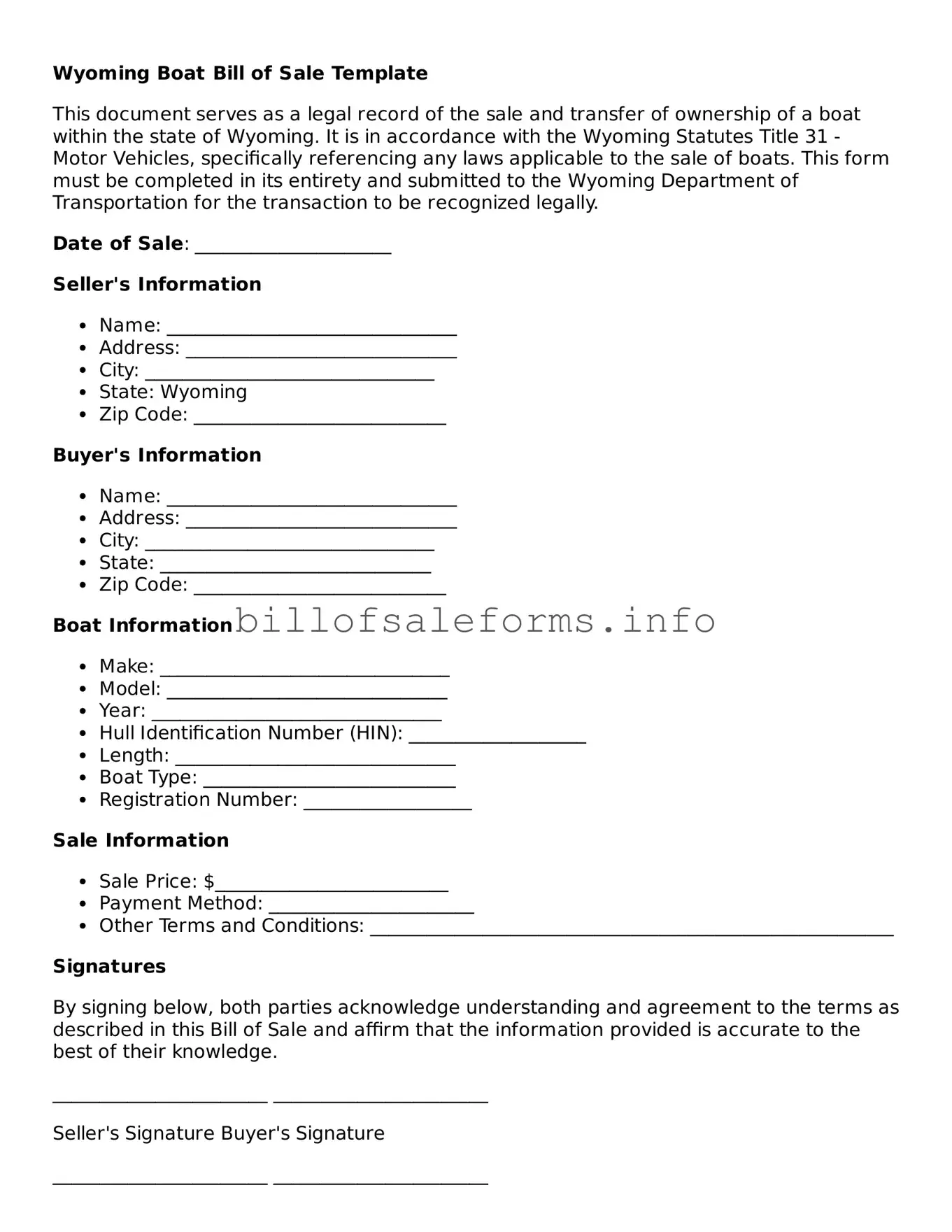 Legal Boat Bill of Sale Form for Wyoming State