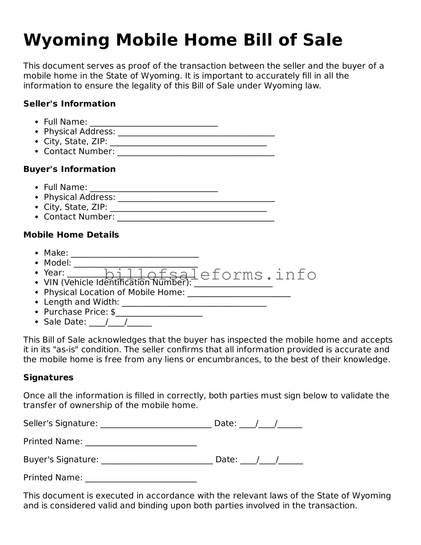 Legal Mobile Home Bill of Sale Form for Wyoming State