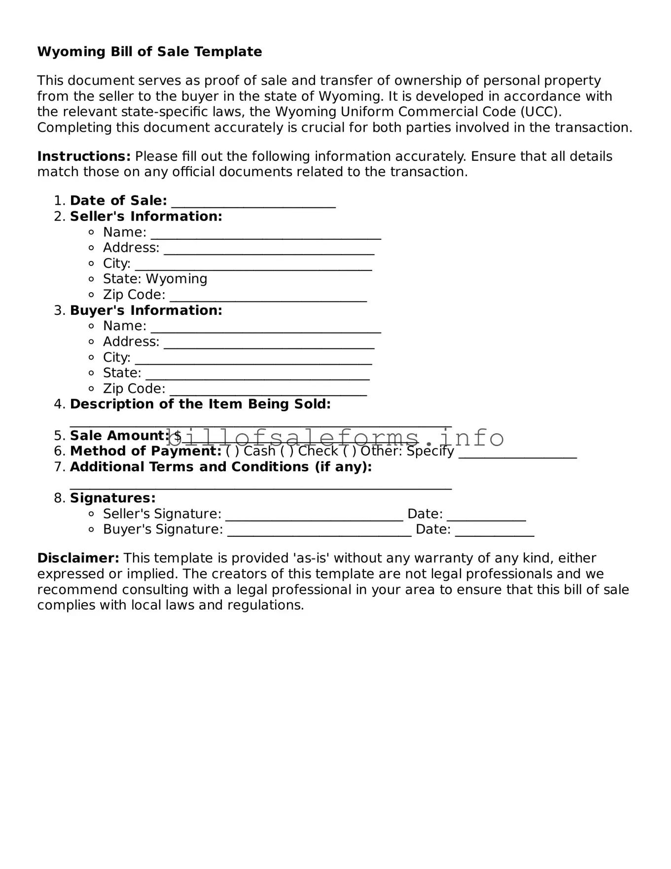 Legal Bill of Sale Form for Wyoming State