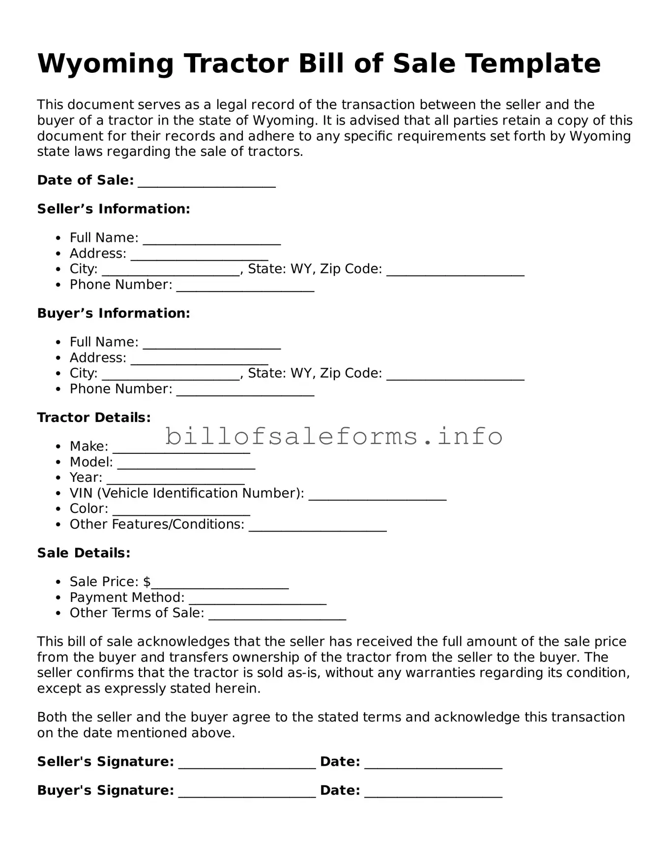 Legal Tractor Bill of Sale Form for Wyoming State